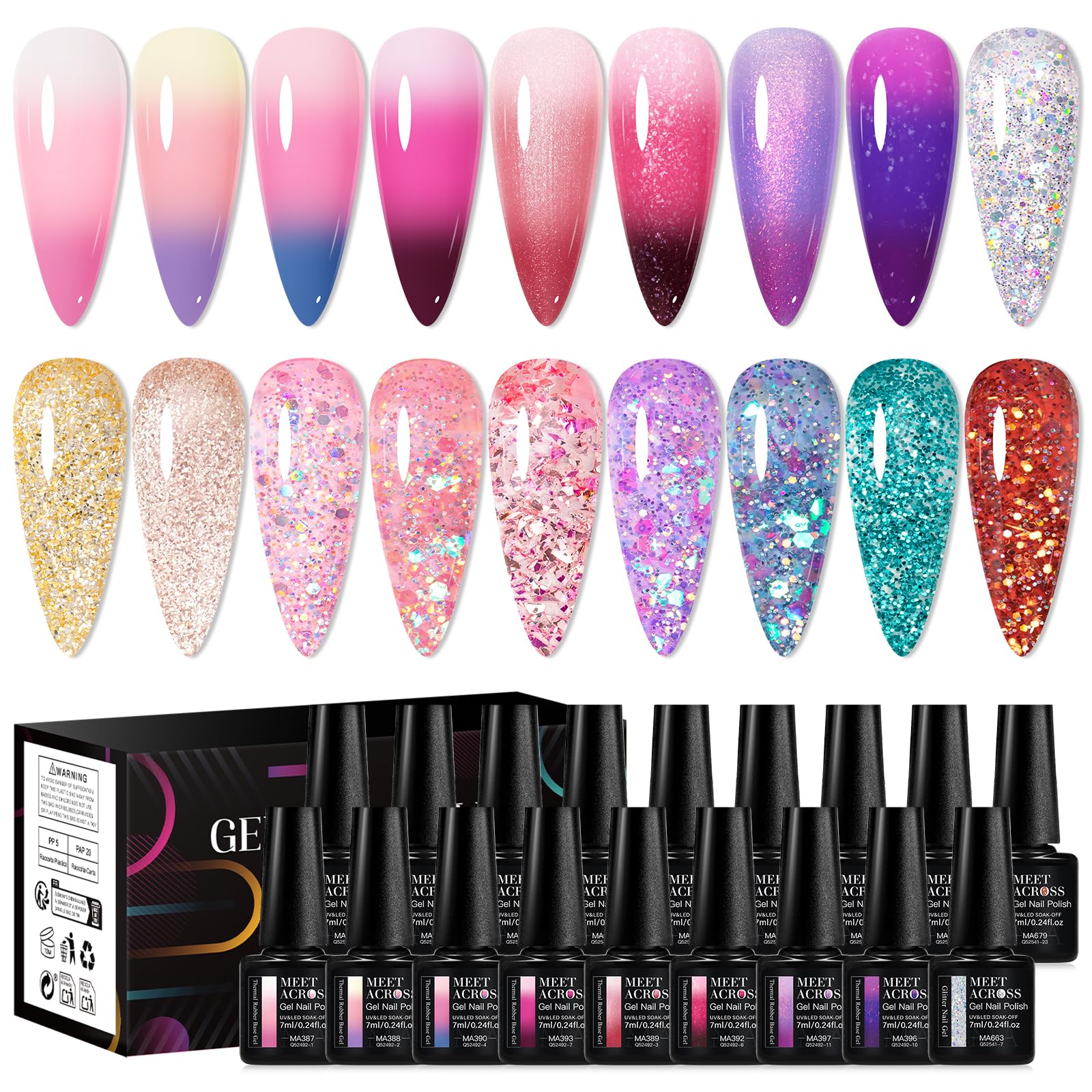 MEET ACROSS Color Changing Gel Polish Set – Mood Temperature Nail Polish, Nude Pink & Purple, 18pcs