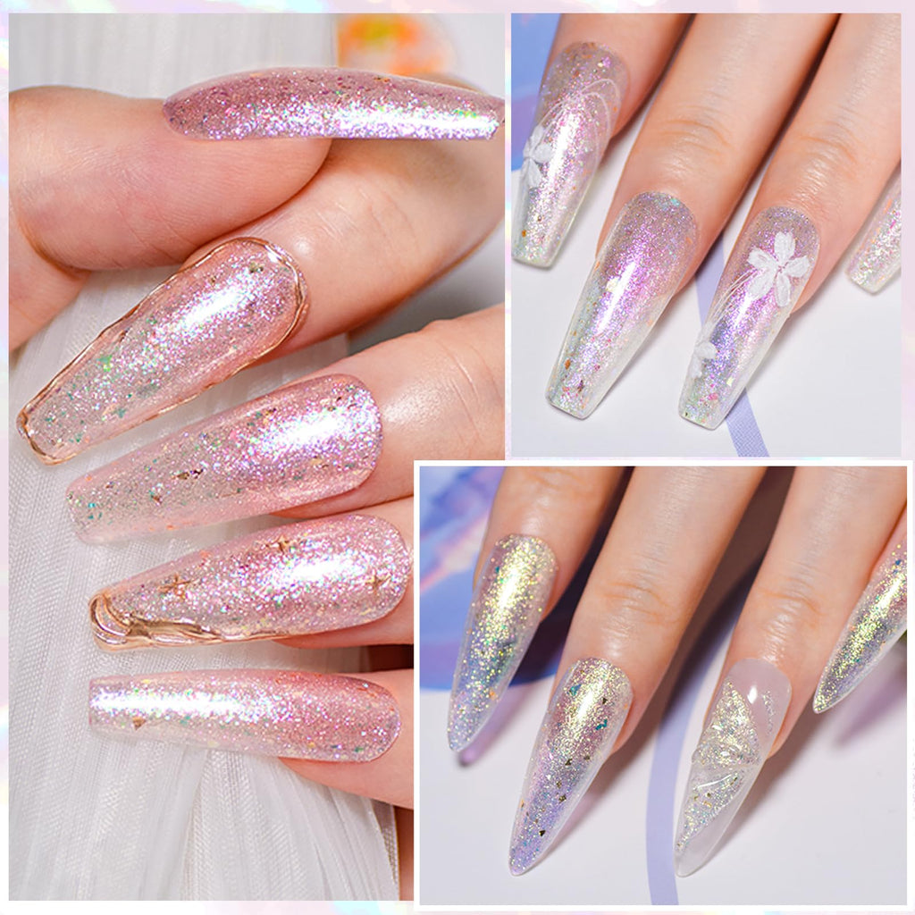 MEET ACROSS 12 Pcs Gold Foil Gel Nail Polish Set – 8 Glitter Colors + Base, Top Coat, Dehydrator & Primer
