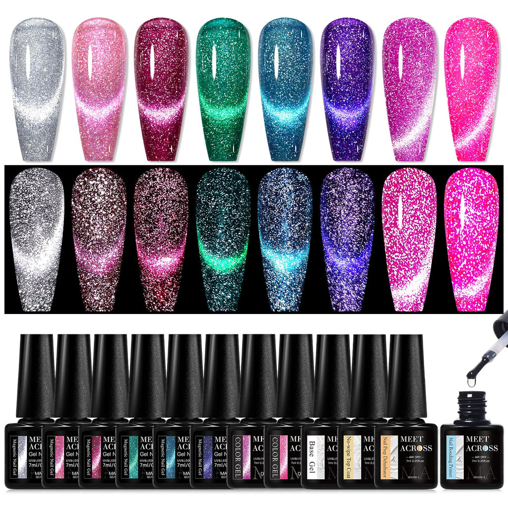 MEET ACROSS Neon Cat Eye Gel Nail Polish Set – 12Pcs Magnetic Polish Kit
