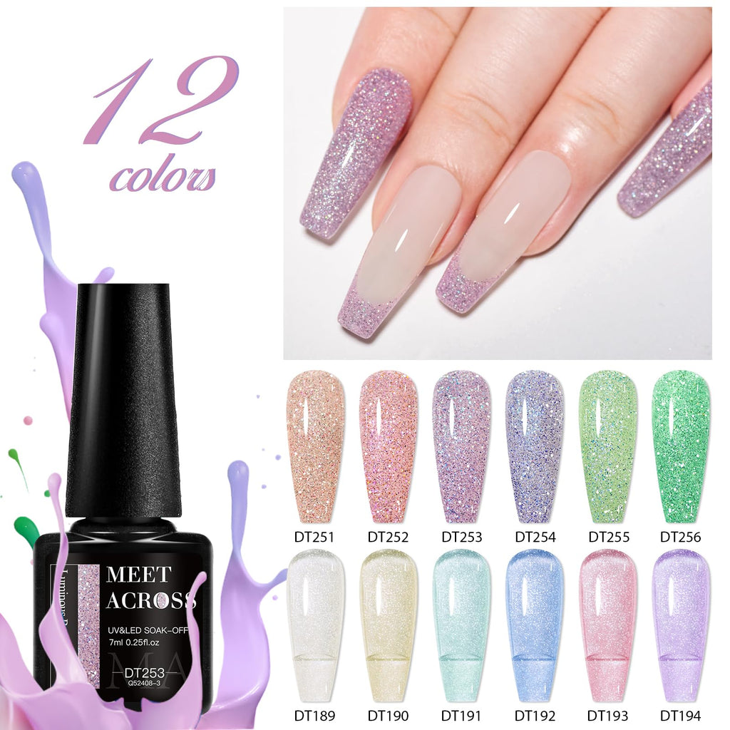 MEET ACROSS 12PCS Reflective Glitter Gel Nail Polish Kit – Holographic UV Gel Set (SET-3)