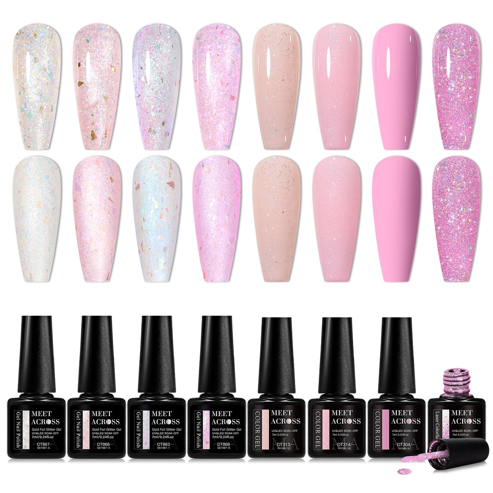 MEET ACROSS Glitter Sequins Gel Nail Polish Set – 8 Colors, 7ml