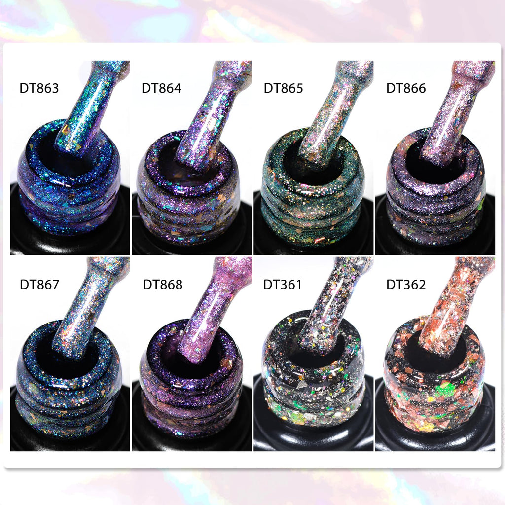 MEET ACROSS 12 Pcs Gold Foil Gel Nail Polish Set – 8 Glitter Colors + Base, Top Coat, Dehydrator & Primer