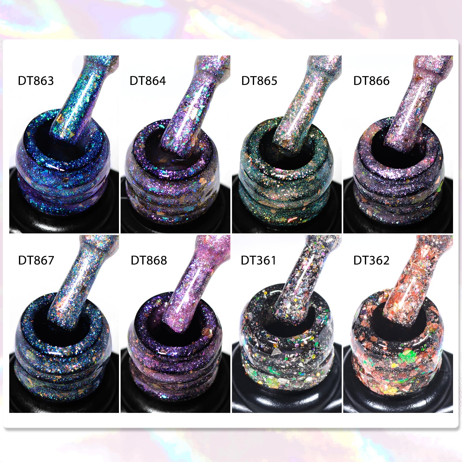 MEET ACROSS 12 Pcs Gold Foil Gel Nail Polish Set – 8 Glitter Colors + Base, Top Coat, Dehydrator & Primer
