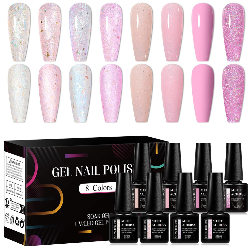 MEET ACROSS Glitter Sequins Gel Nail Polish Set – 8 Colors, 7ml