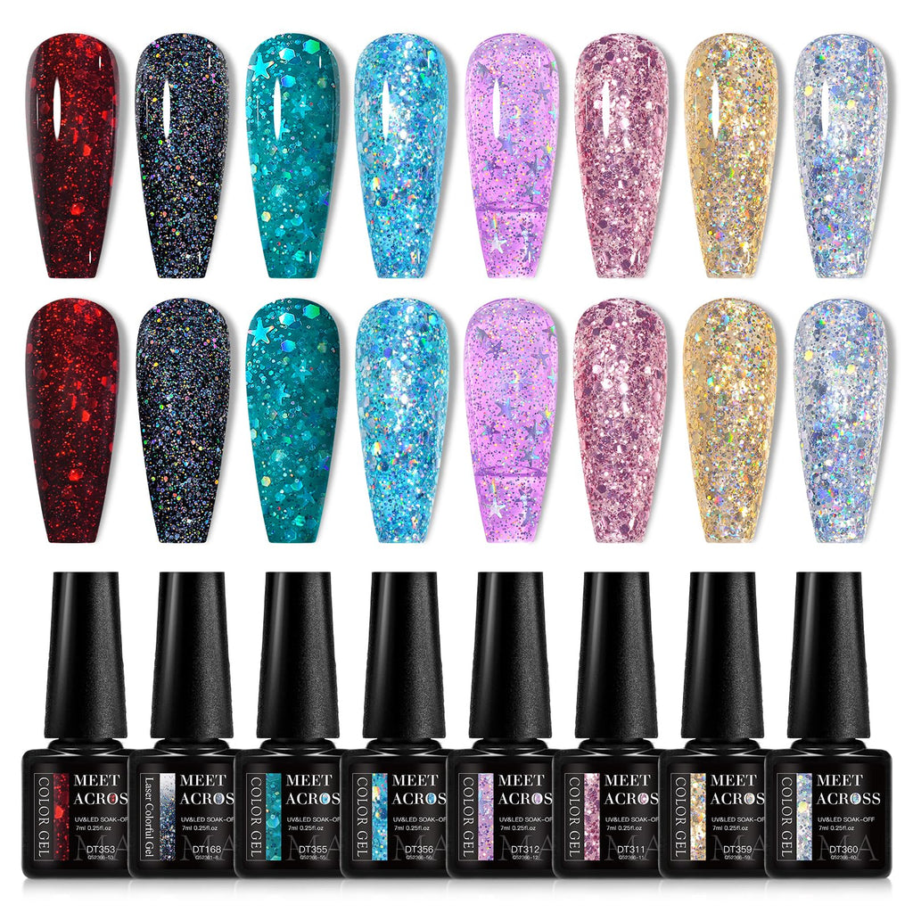 MEET ACROSS 8-Color Glitter Gel Nail Polish Kit – Sparkly Gold, Silver & Pink