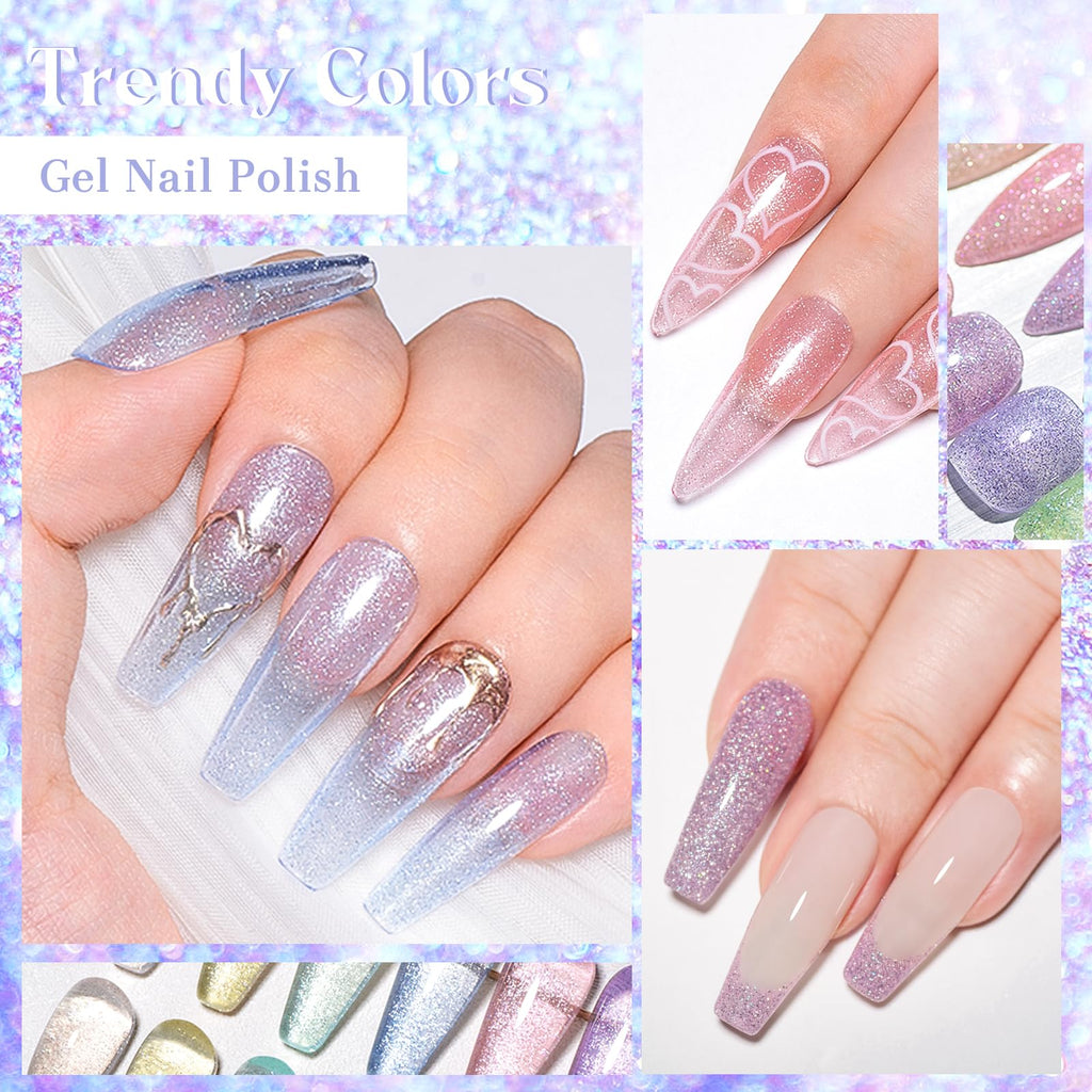 MEET ACROSS 12PCS Reflective Glitter Gel Nail Polish Kit – Holographic UV Gel Set (SET-3)