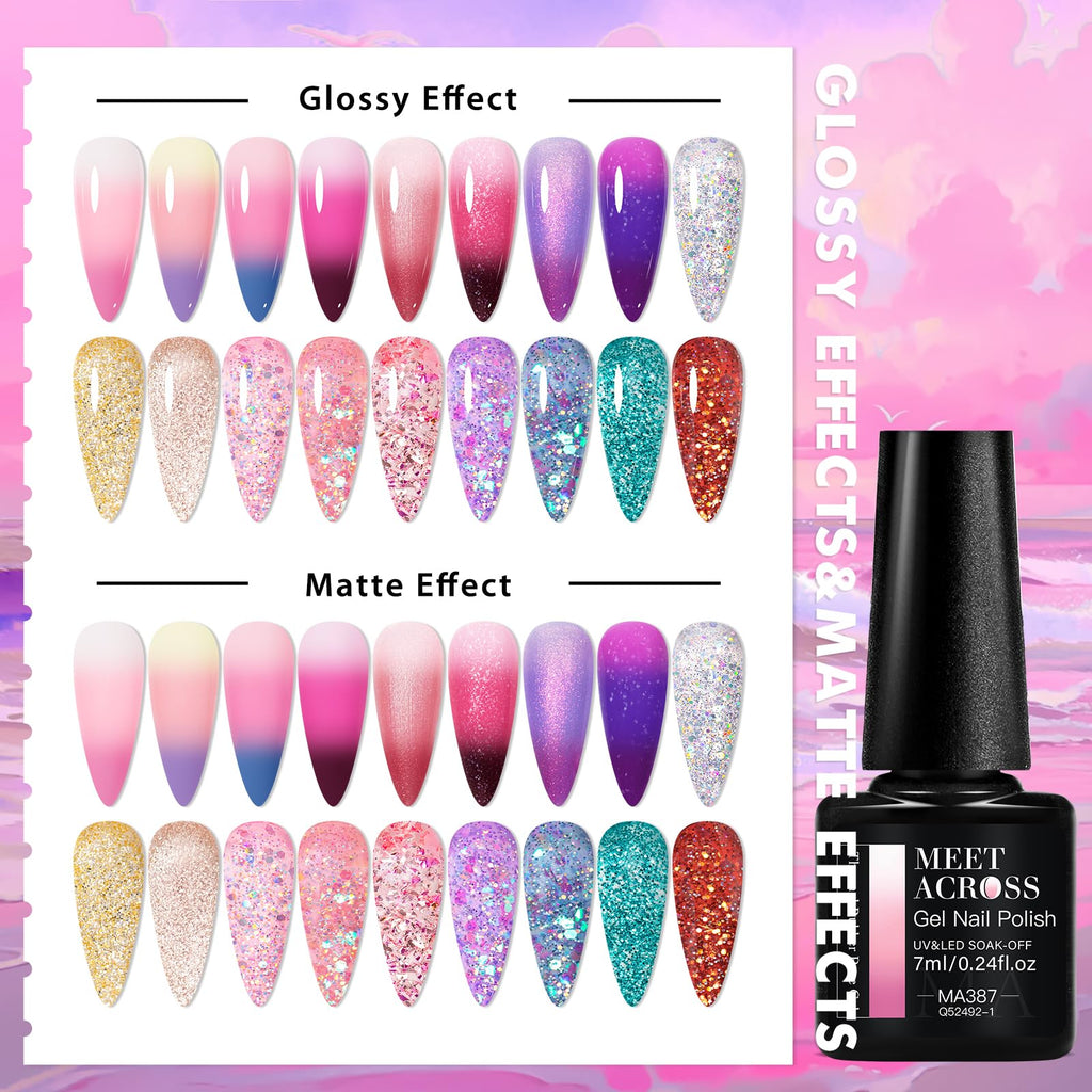 MEET ACROSS Color Changing Gel Polish Set – Mood Temperature Nail Polish, Nude Pink & Purple, 18pcs