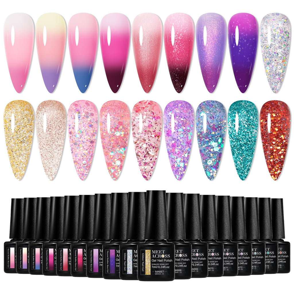 MEET ACROSS Color Changing Gel Polish Set – Mood Temperature Nail Polish, Nude Pink & Purple, 18pcs