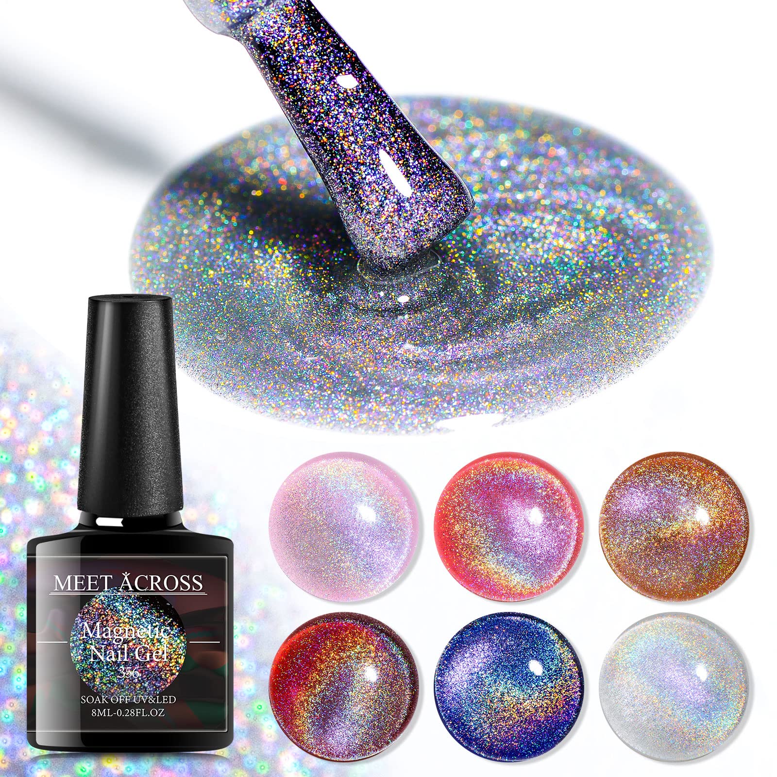 MEET ACROSS Cat Eye Glitter Gel Polish Set – Magnetic 6-Color UV Gel Kit with Magnet Stick