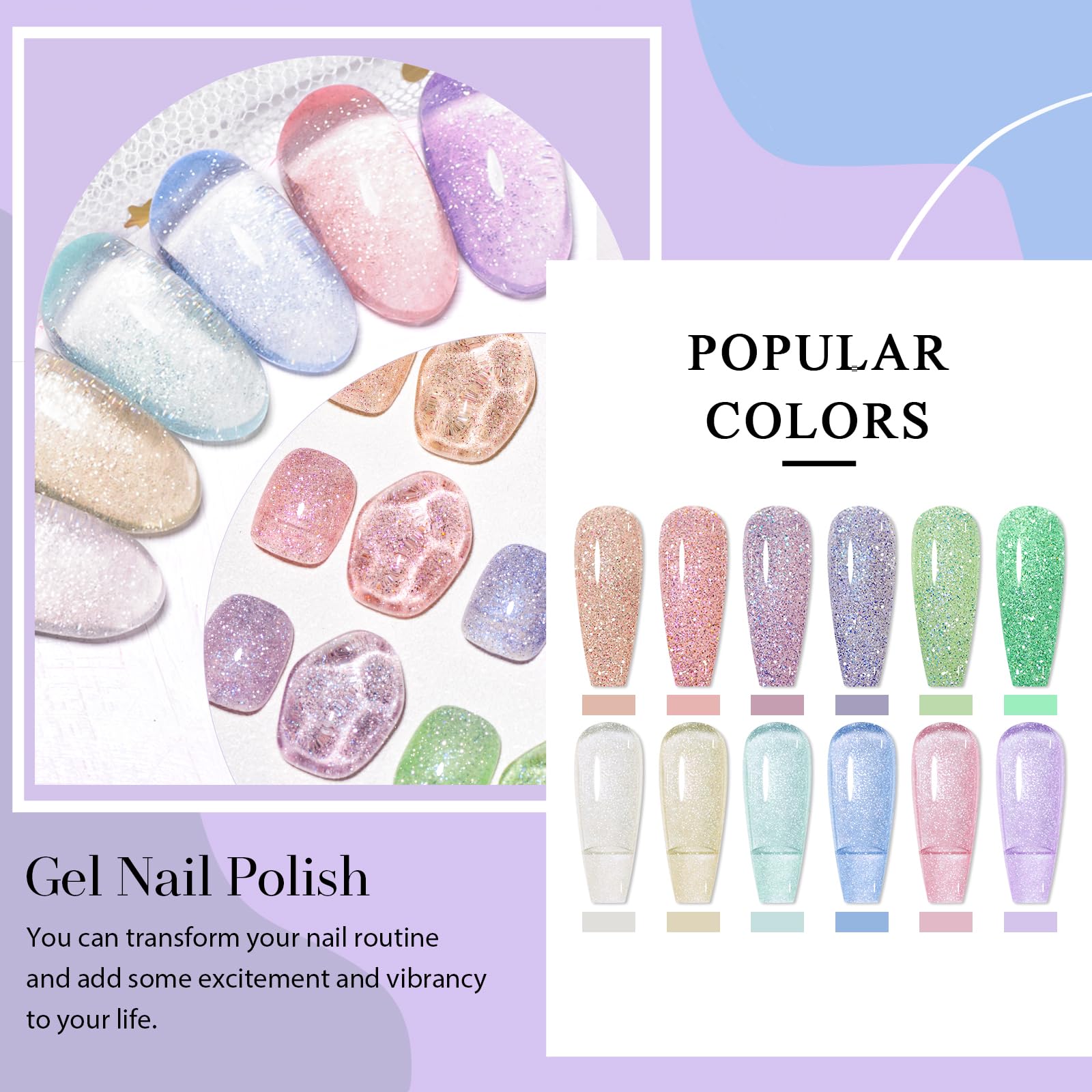 MEET ACROSS 12PCS Reflective Glitter Gel Nail Polish Kit – Holographic UV Gel Set (SET-3)