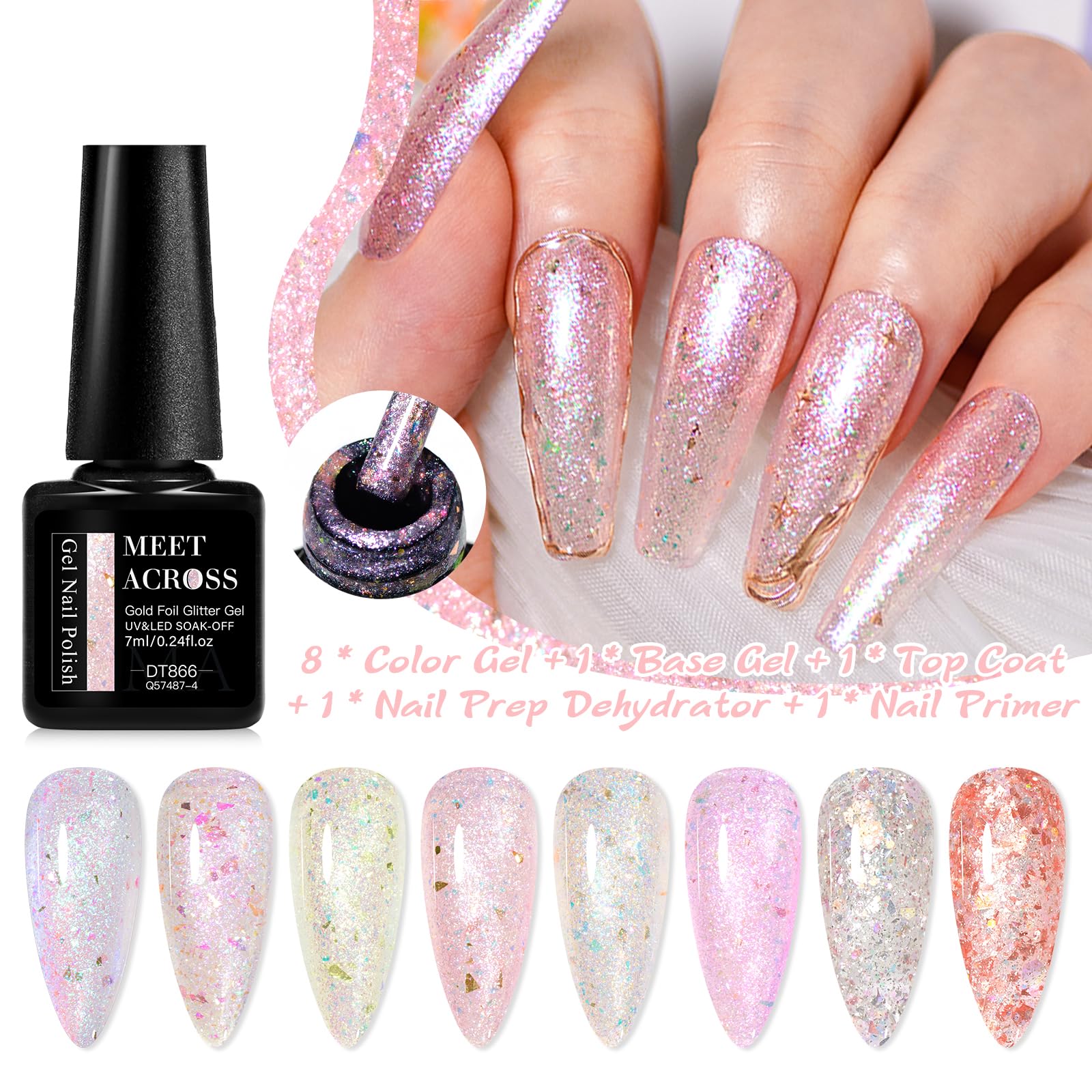 MEET ACROSS 12 Pcs Gold Foil Gel Nail Polish Set – 8 Glitter Colors + Base, Top Coat, Dehydrator & Primer