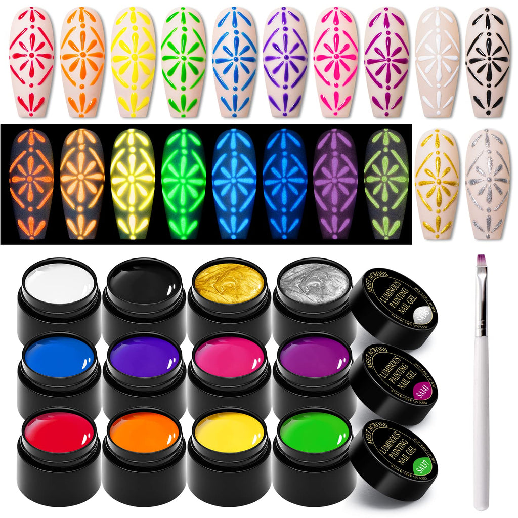 Glow in the Dark Nail Art Kit - 12 Neon Colors | MEET ACROSS UV Gel Polish, Soak-Off, Glow Effect