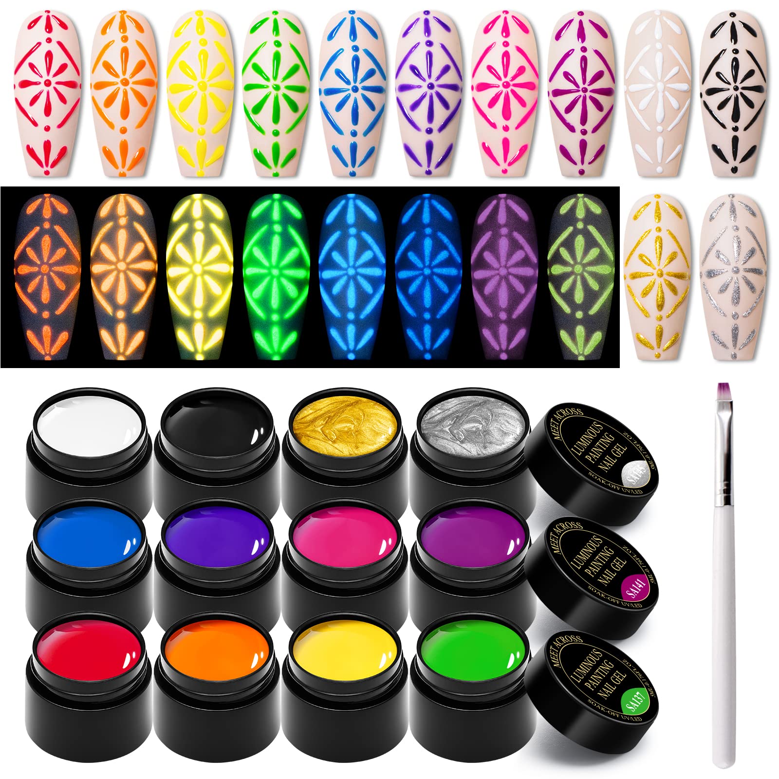 Glow in the Dark Nail Art Kit - 12 Neon Colors | MEET ACROSS UV Gel Polish, Soak-Off, Glow Effect