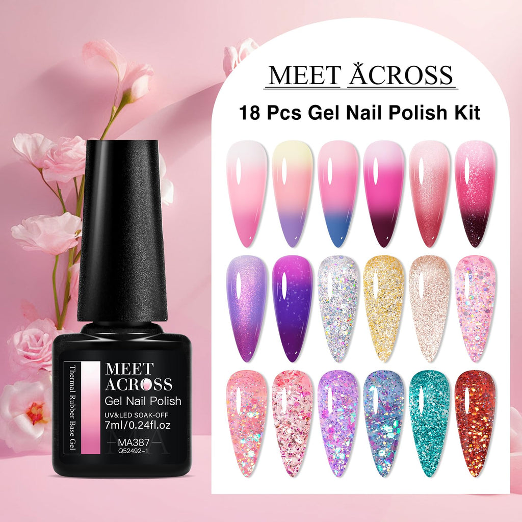 MEET ACROSS Color Changing Gel Polish Set – Mood Temperature Nail Polish, Nude Pink & Purple, 18pcs