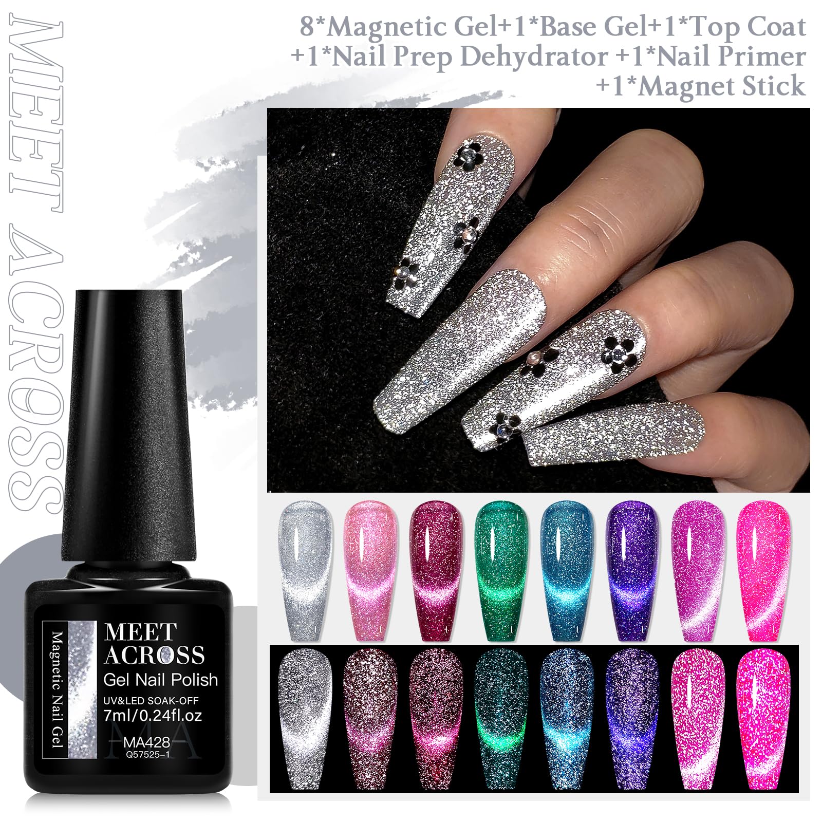 MEET ACROSS Neon Cat Eye Gel Nail Polish Set – 12Pcs Magnetic Polish Kit