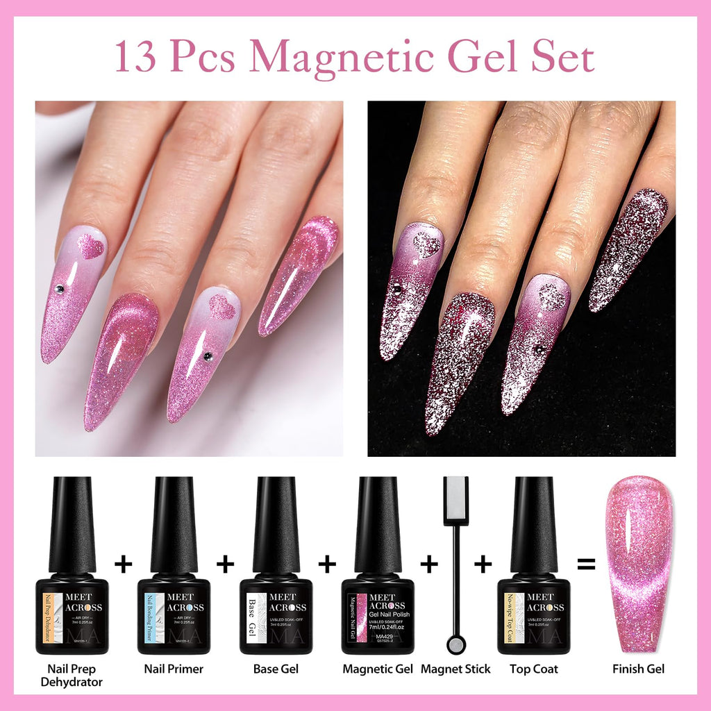 MEET ACROSS Neon Cat Eye Gel Nail Polish Set – 12Pcs Magnetic Polish Kit