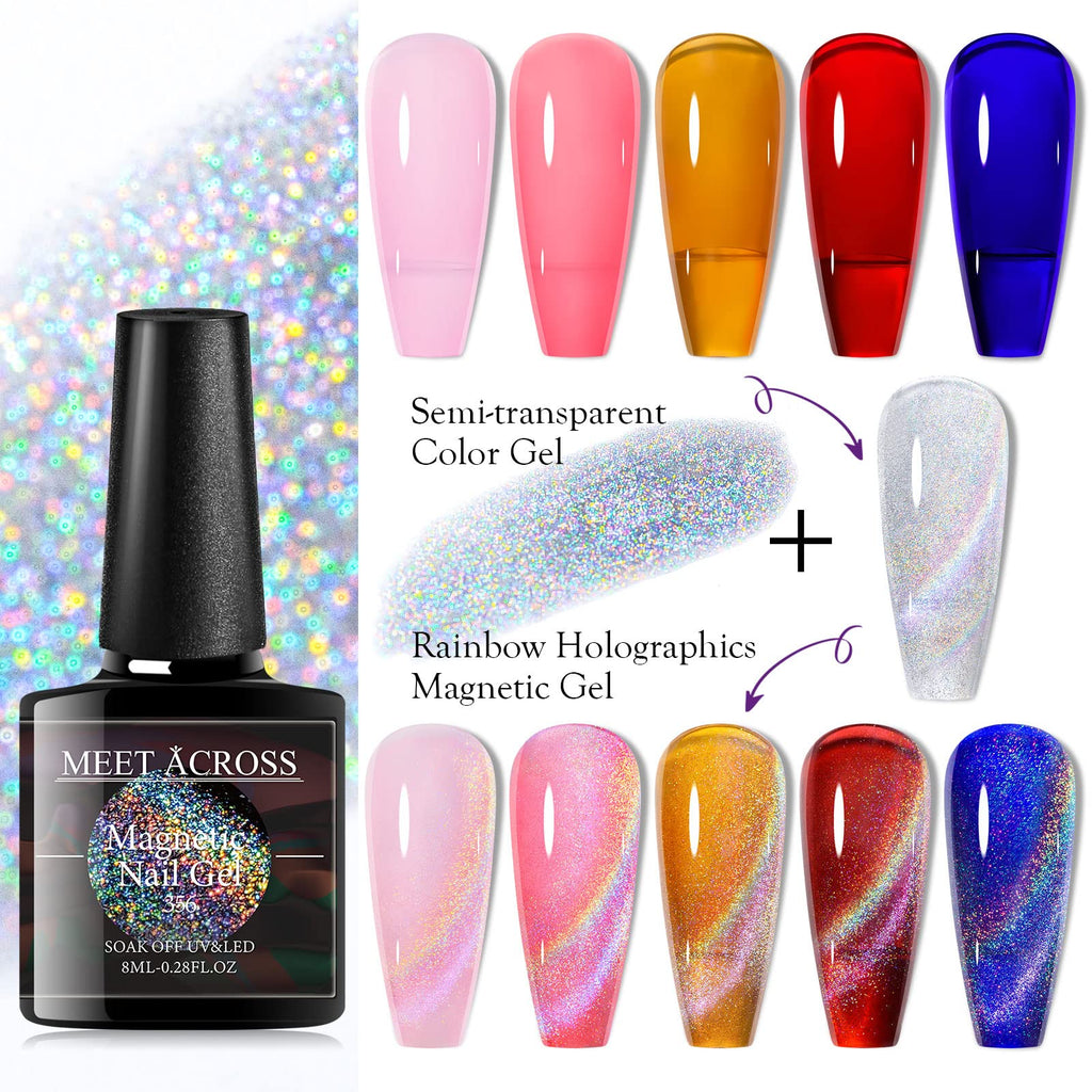 MEET ACROSS Cat Eye Glitter Gel Polish Set – Magnetic 6-Color UV Gel Kit with Magnet Stick