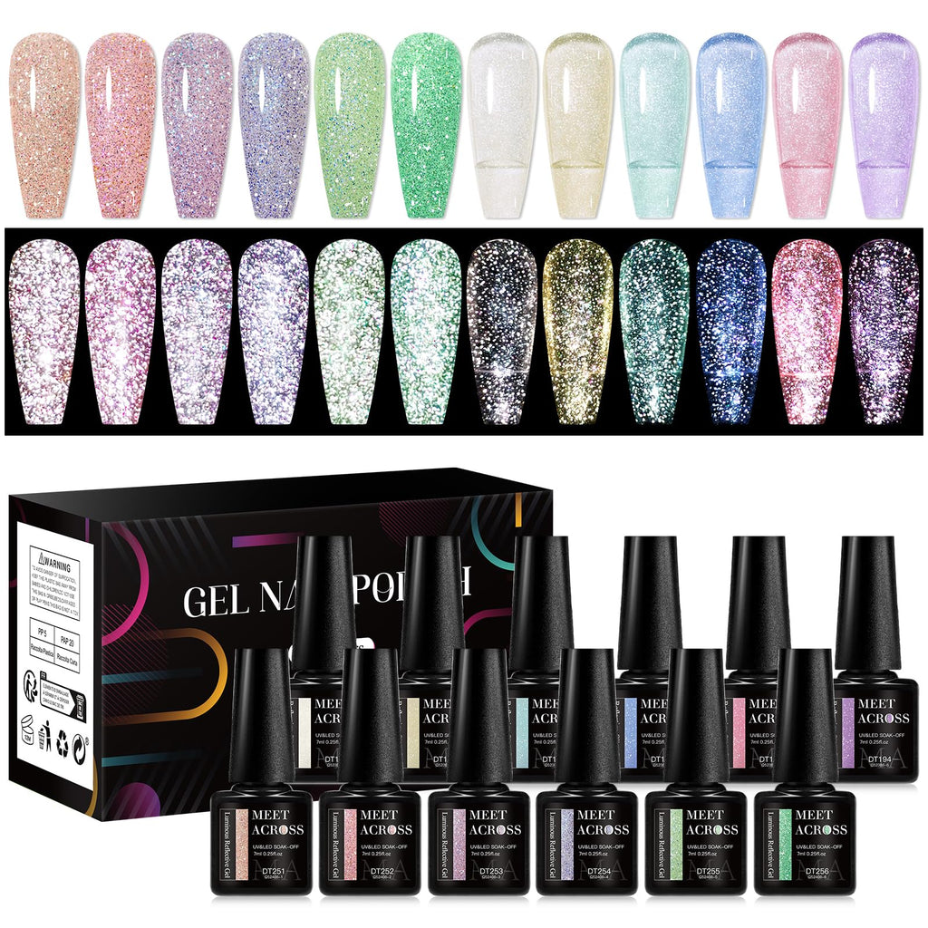 MEET ACROSS 12PCS Reflective Glitter Gel Nail Polish Kit – Holographic UV Gel Set (SET-3)