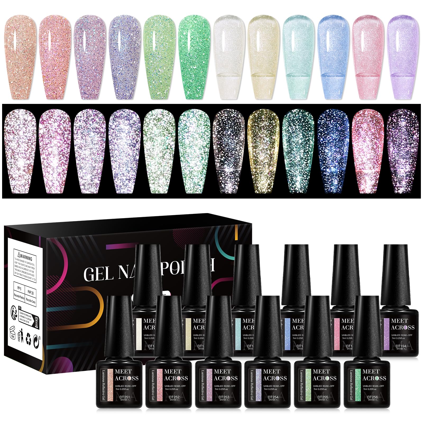 MEET ACROSS 12PCS Reflective Glitter Gel Nail Polish Kit – Holographic UV Gel Set (SET-3)