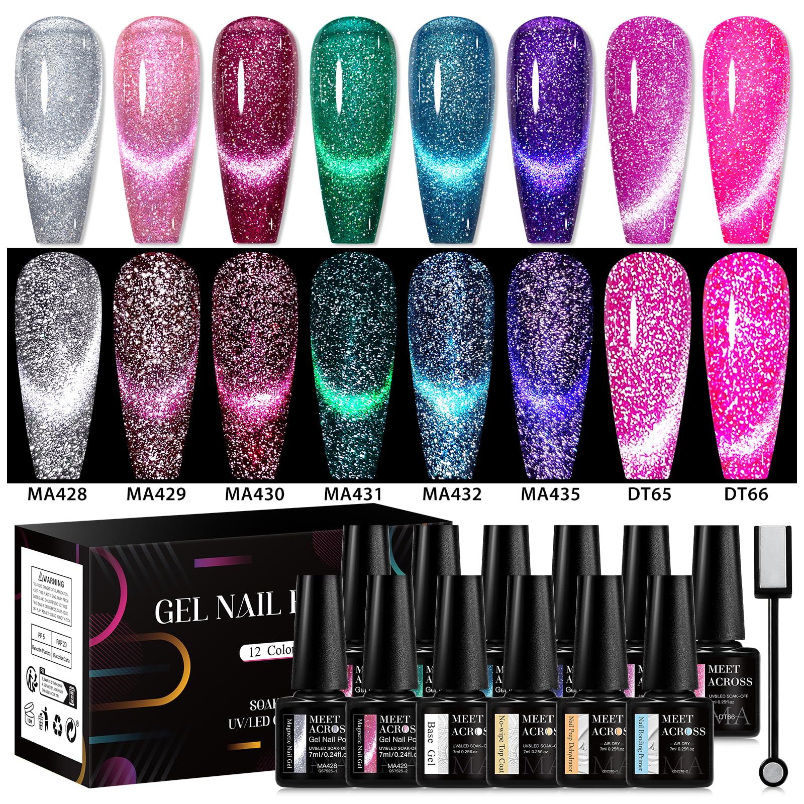 MEET ACROSS Neon Cat Eye Gel Nail Polish Set – 12Pcs Magnetic Polish Kit