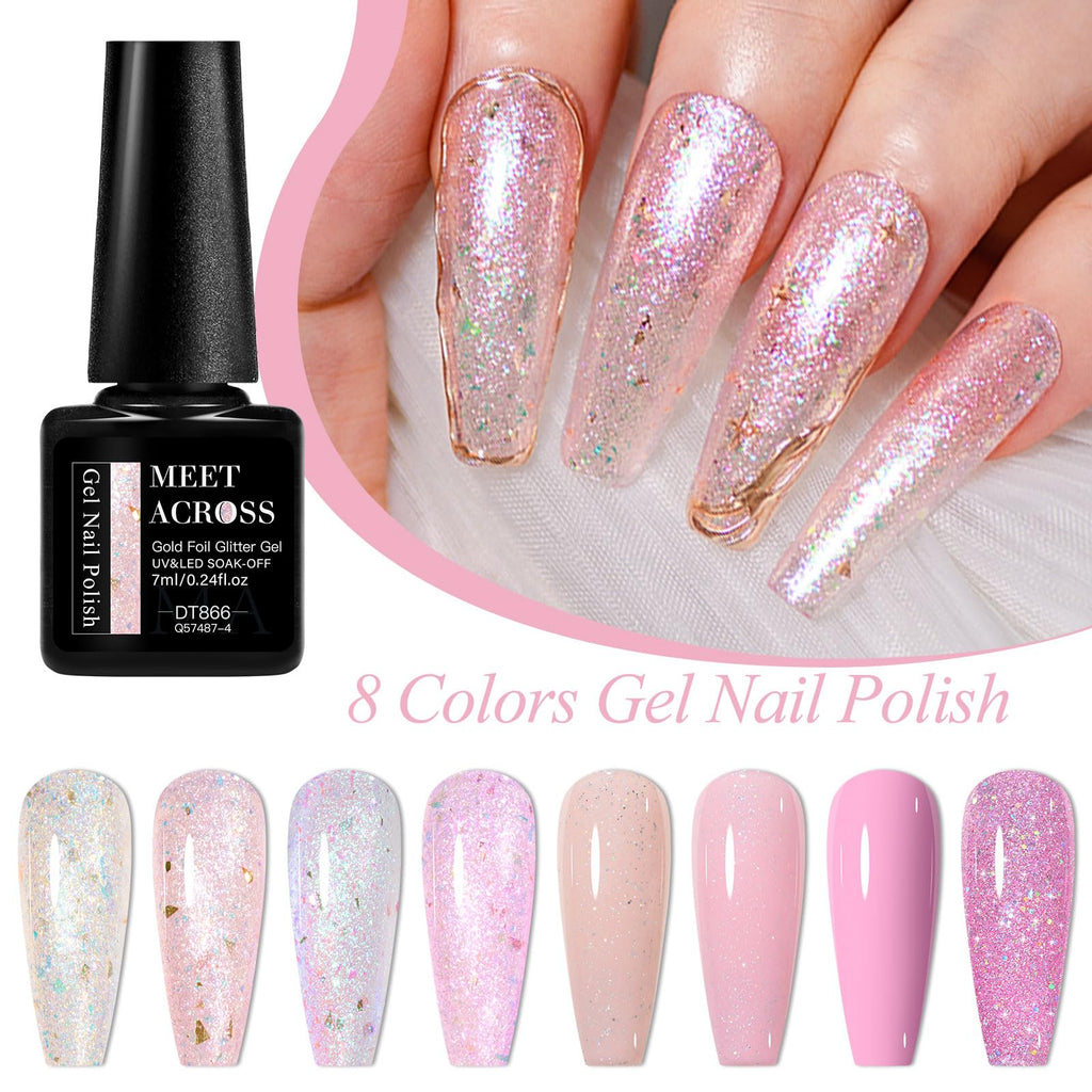 MEET ACROSS Glitter Sequins Gel Nail Polish Set – 8 Colors, 7ml