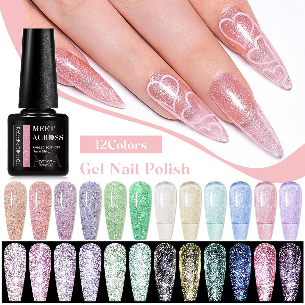 MEET ACROSS 12PCS Reflective Glitter Gel Nail Polish Kit – Holographic UV Gel Set (SET-3)