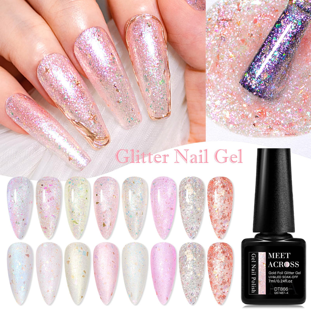 MEET ACROSS 12 Pcs Gold Foil Gel Nail Polish Set – 8 Glitter Colors + Base, Top Coat, Dehydrator & Primer