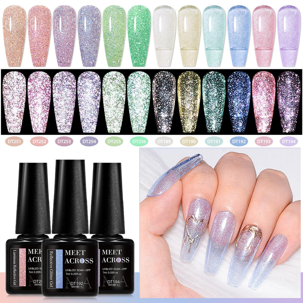 MEET ACROSS 12PCS Reflective Glitter Gel Nail Polish Kit – Holographic UV Gel Set (SET-3)