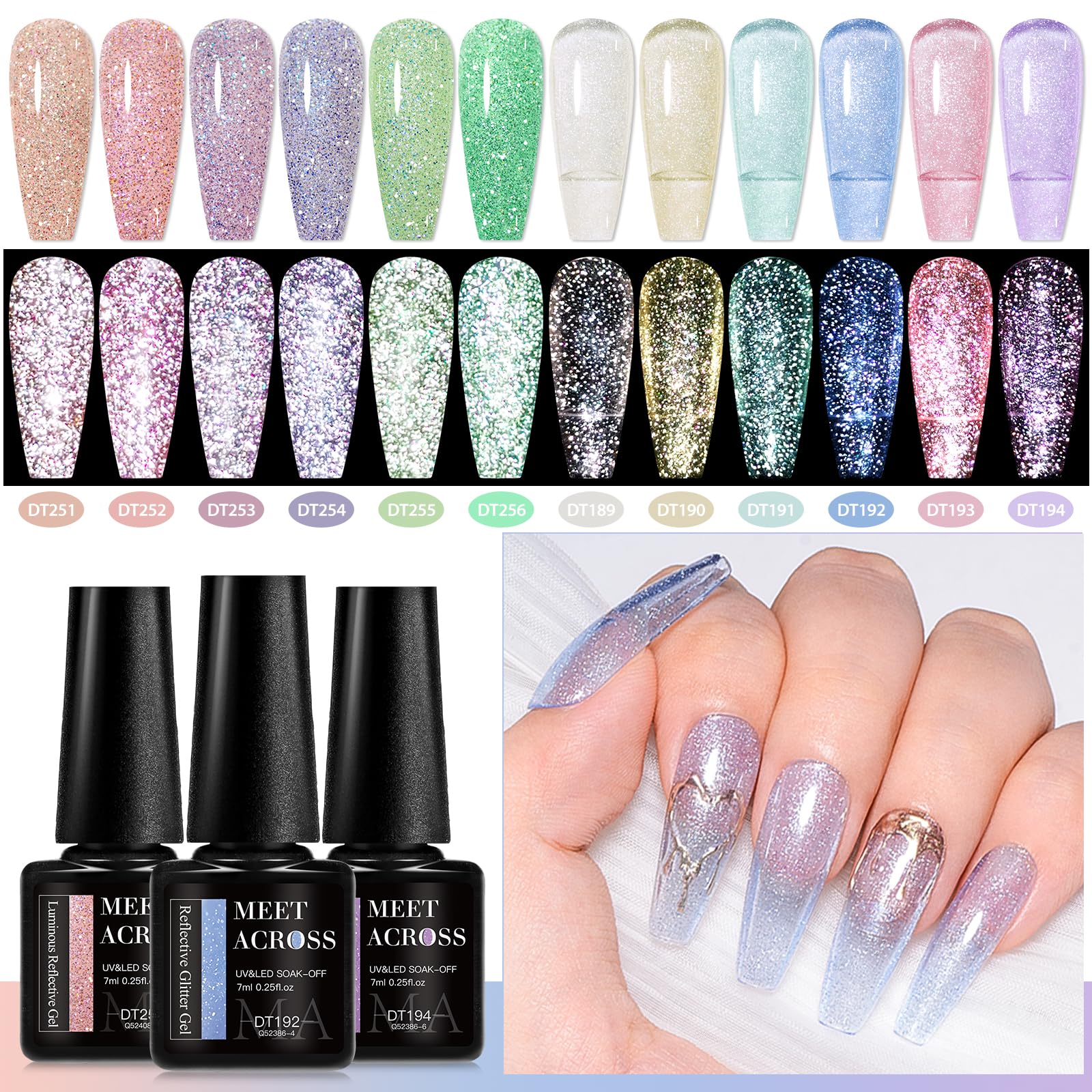 MEET ACROSS 12PCS Reflective Glitter Gel Nail Polish Kit – Holographic UV Gel Set (SET-3)