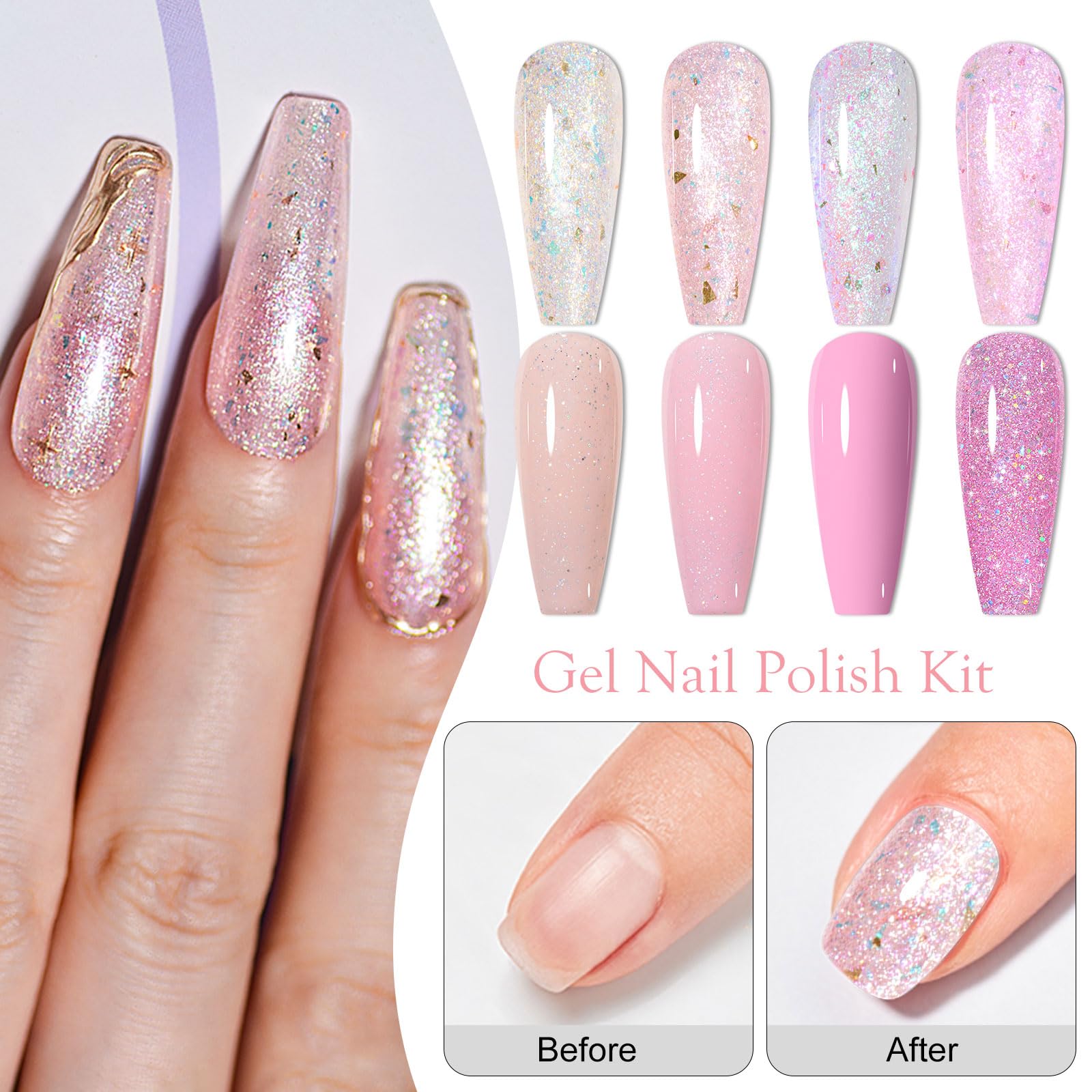 MEET ACROSS Glitter Sequins Gel Nail Polish Set – 8 Colors, 7ml