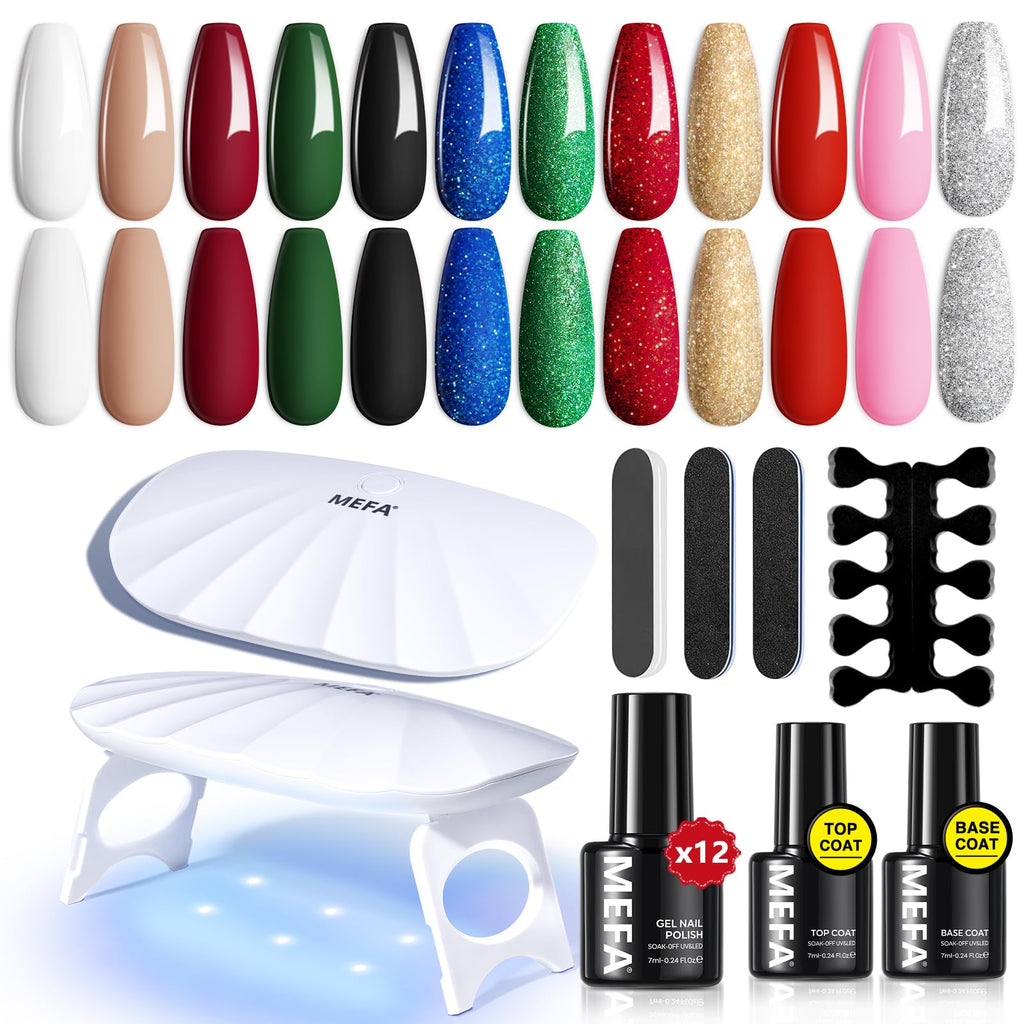 MEFA 19 Pcs Gel Nail Polish Kit with UV Light – 12 Colors + Base & Top Coat