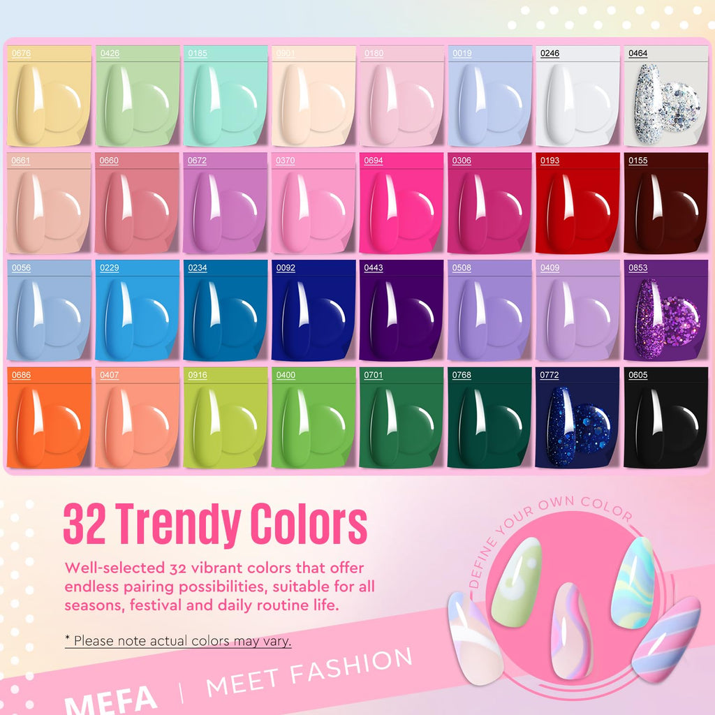 MEFA 32 Colors Gel Nail Polish Kit with 72W LED Lamp – Spring Bright Pastel Nails, 60 Pcs