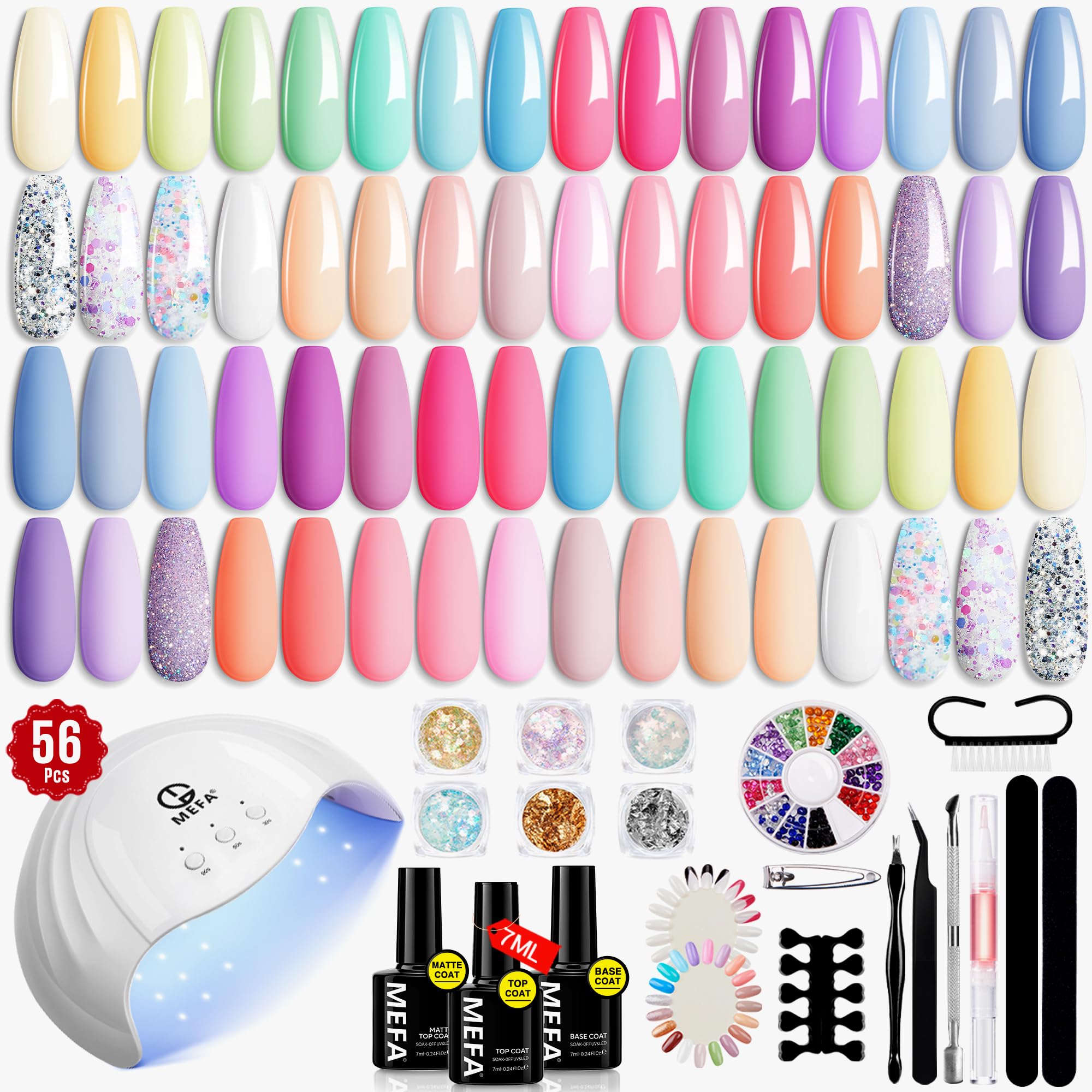 MEFA 32 Colors Gel Nail Polish Kit with 48W UV Lamp — Spring Pastel & Glitter Gel Nail Set