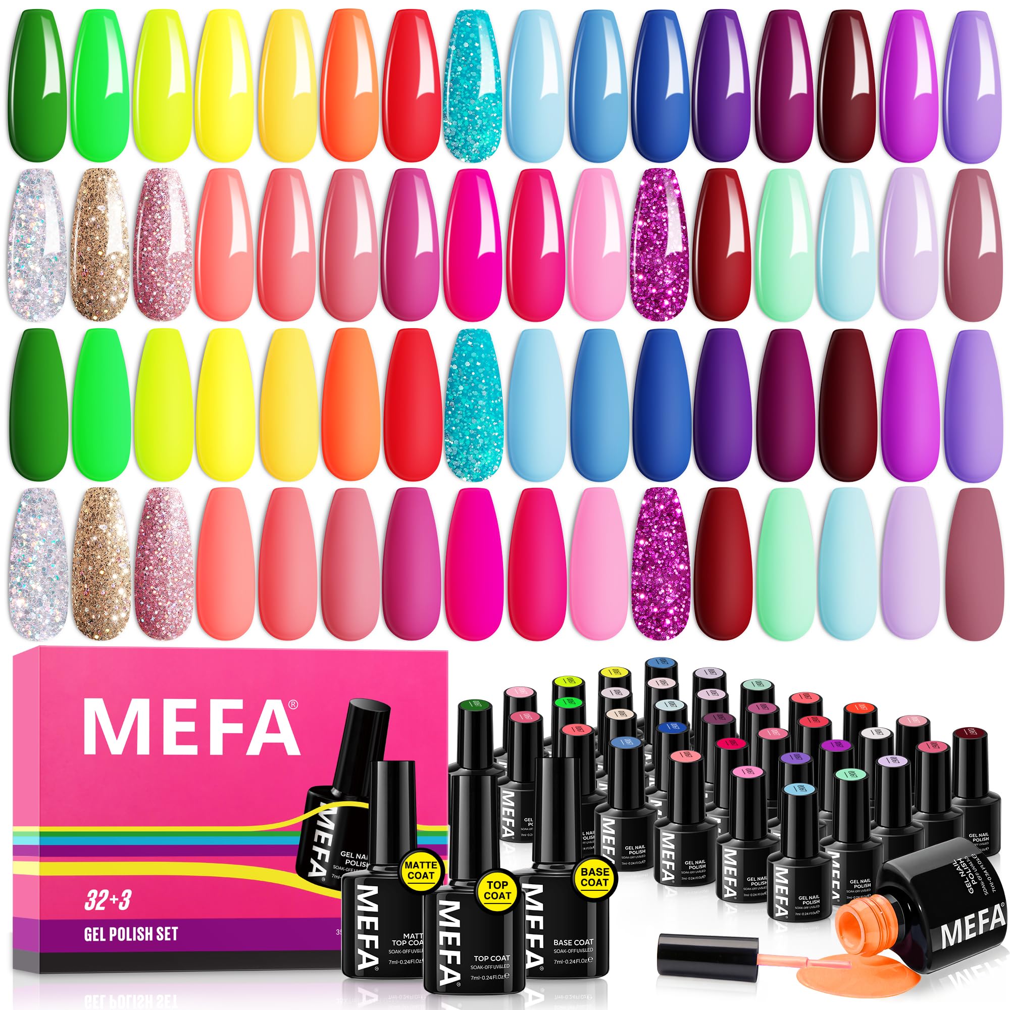 MEFA 35 Pcs Gel Nail Polish Set – 32 Neon Colors for Bold At-Home Manicures