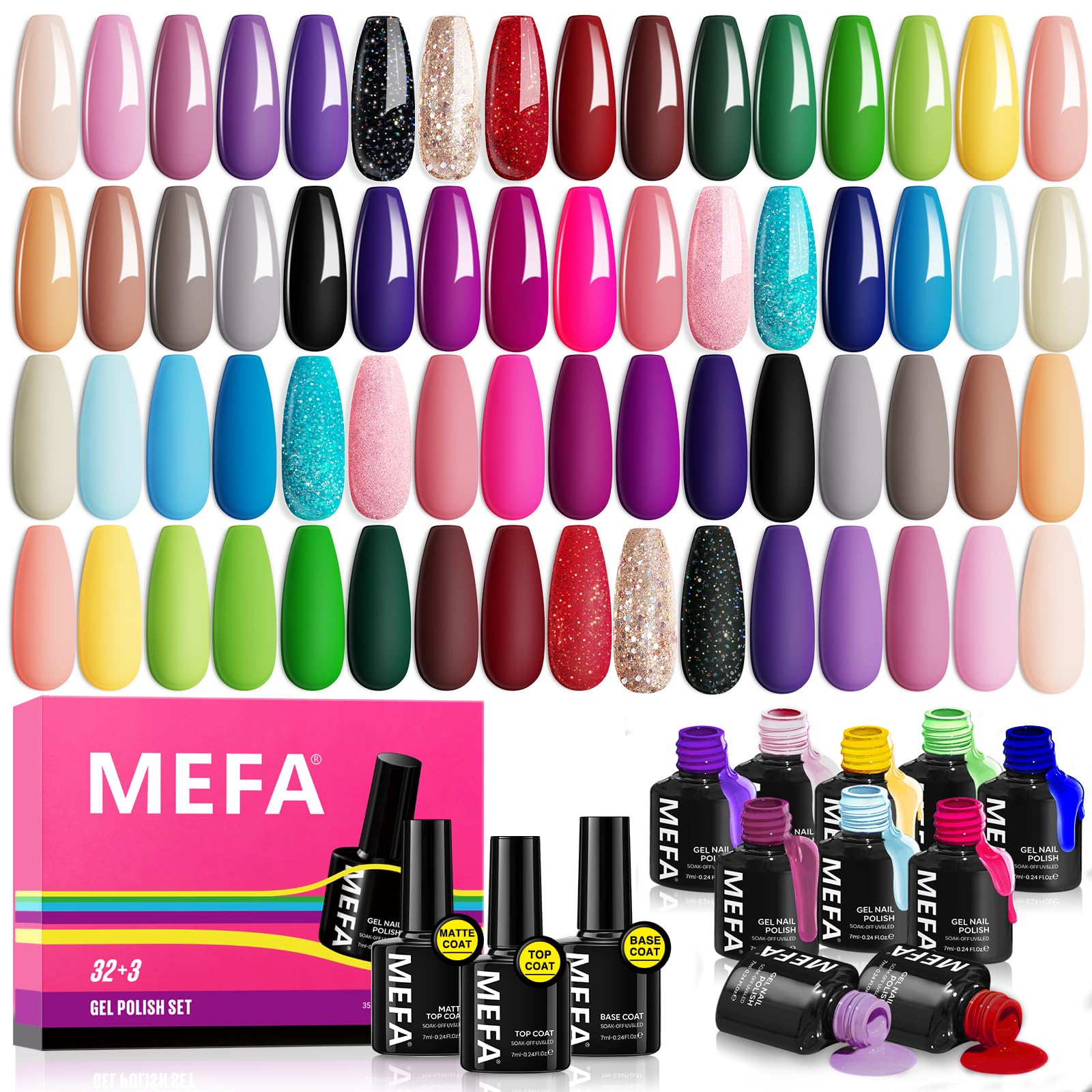 MEFA 35 Pcs Gel Nail Polish Set – 32 Colors All Seasons Collection with Matte/Glossy Base Top Coat
