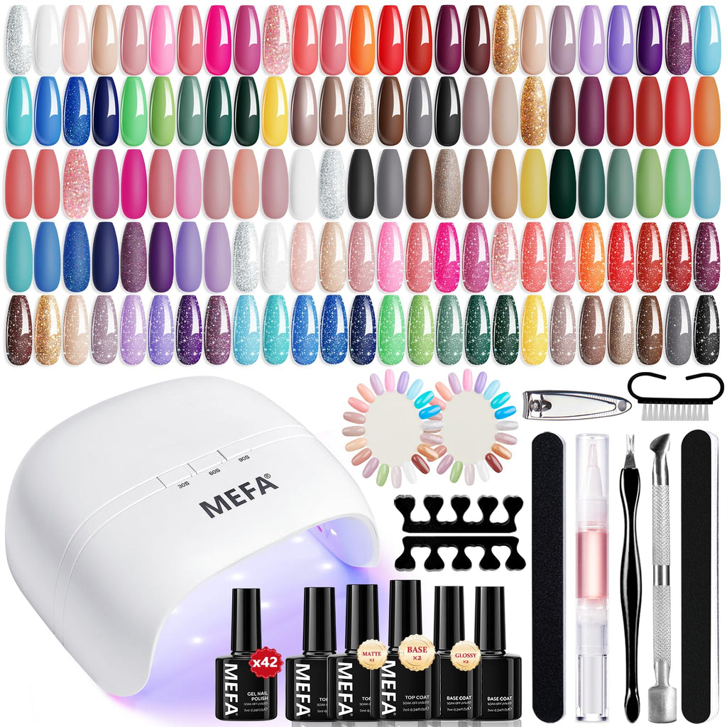 MEFA 42 Colors Gel Nail Polish Kit with UV Lamp – All Seasons Collection + Base & Top Coats