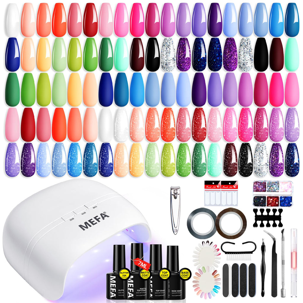 MEFA 32 Colors Gel Nail Polish Kit with 72W LED Lamp – Spring Bright Pastel Nails, 60 Pcs