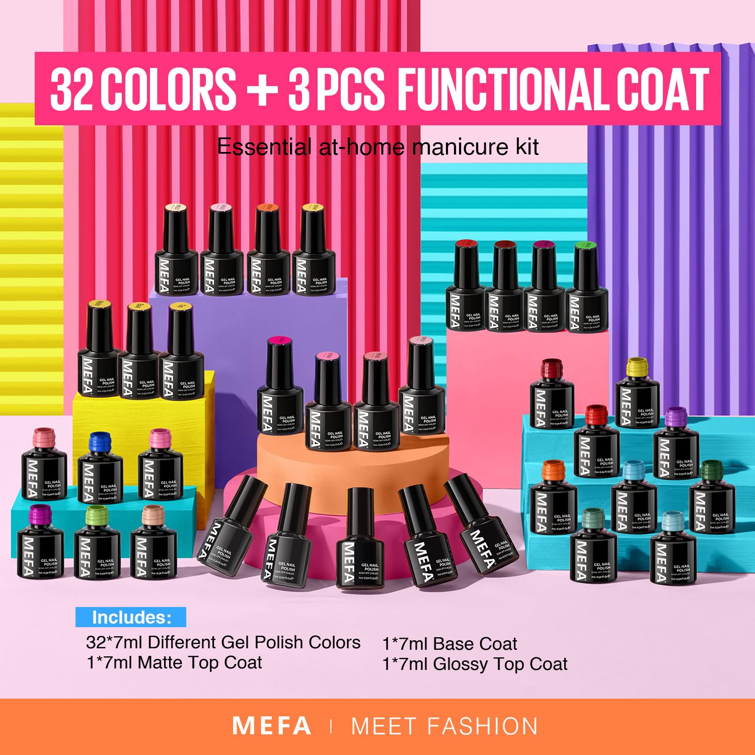 MEFA 35 Pcs Gel Nail Polish Set – 32 Neon Colors for Bold At-Home Manicures