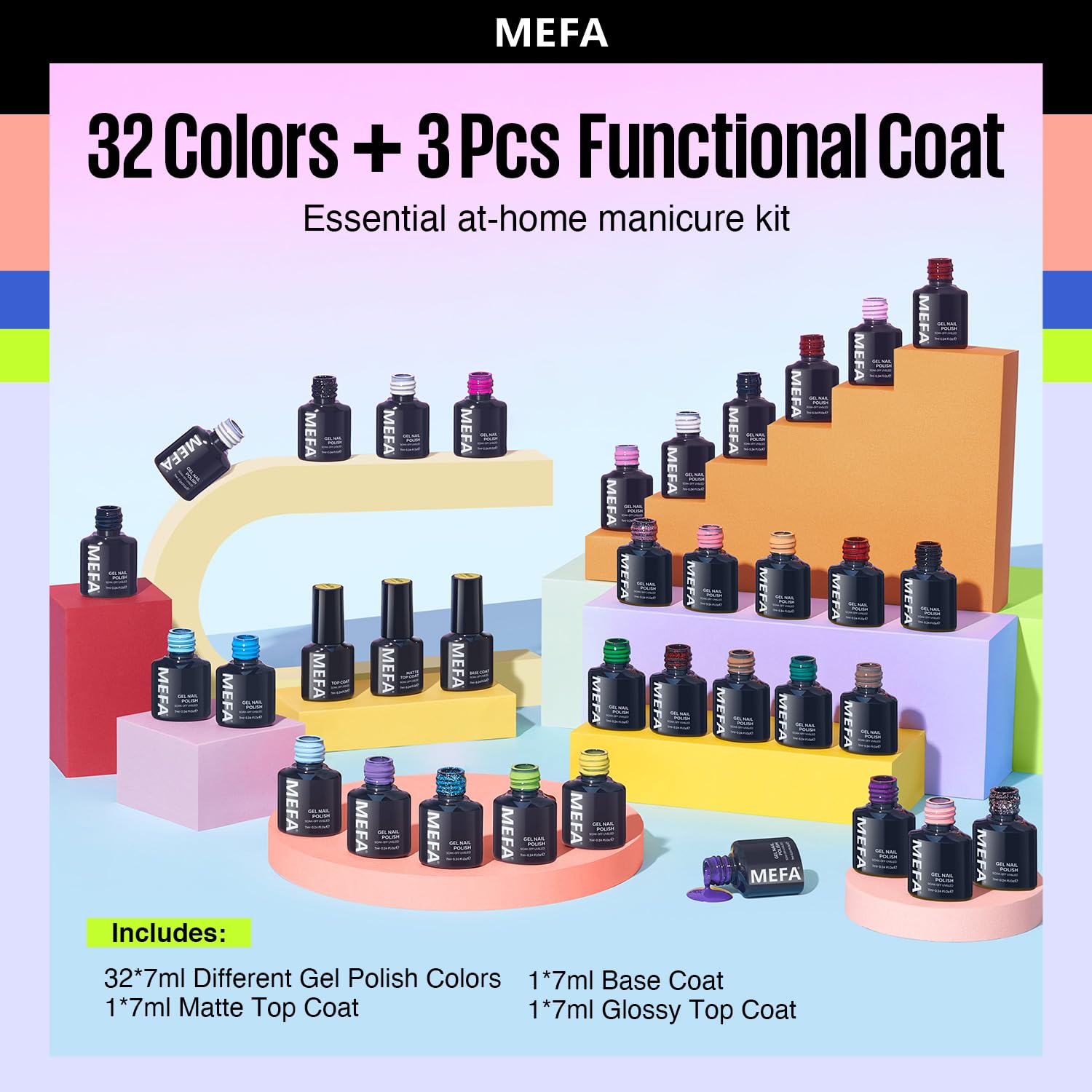 MEFA 35 Pcs Gel Nail Polish Set – 32 Colors All Seasons Collection with Matte/Glossy Base Top Coat
