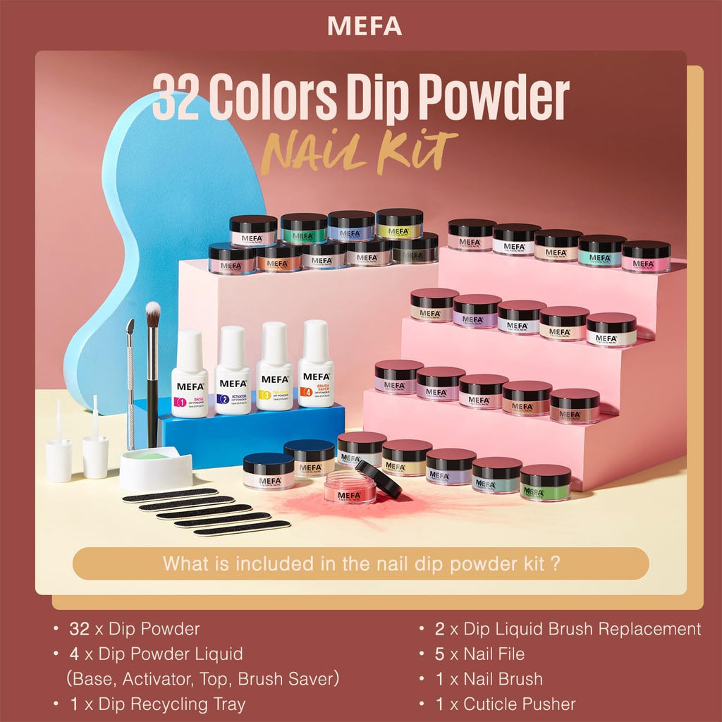 MEFA 32 Colors Dip Powder Kit – All-Season Tones with Base Top Activator