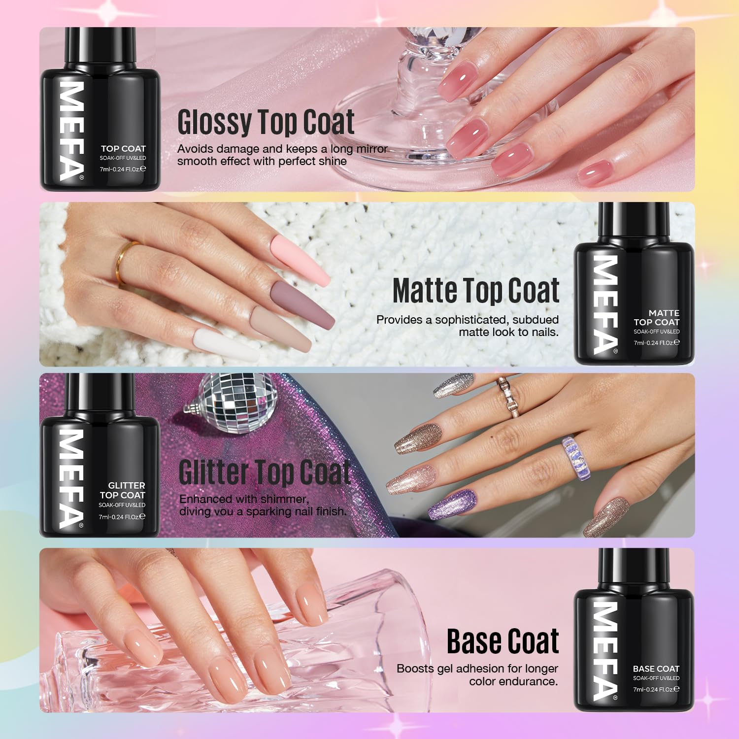 MEFA 47-Pcs Gel Nail Polish Kit — 42 Colors Plus Base Coat and Top Coats for DIY Manicure
