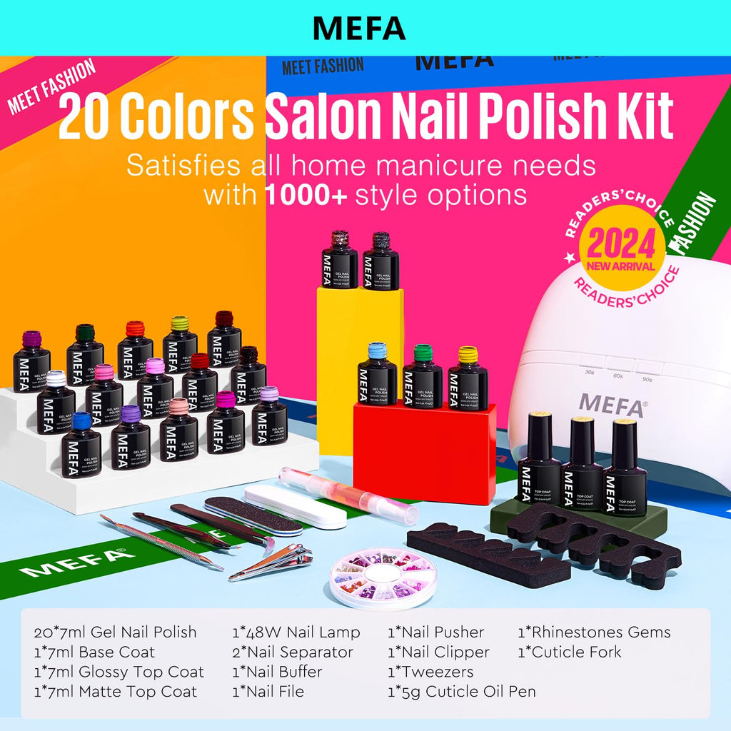 MEFA 34-Pcs Gel Nail Polish Kit with 48W UV Lamp – 20 Colors, Base & Top Coats, DIY Nail Art at Home