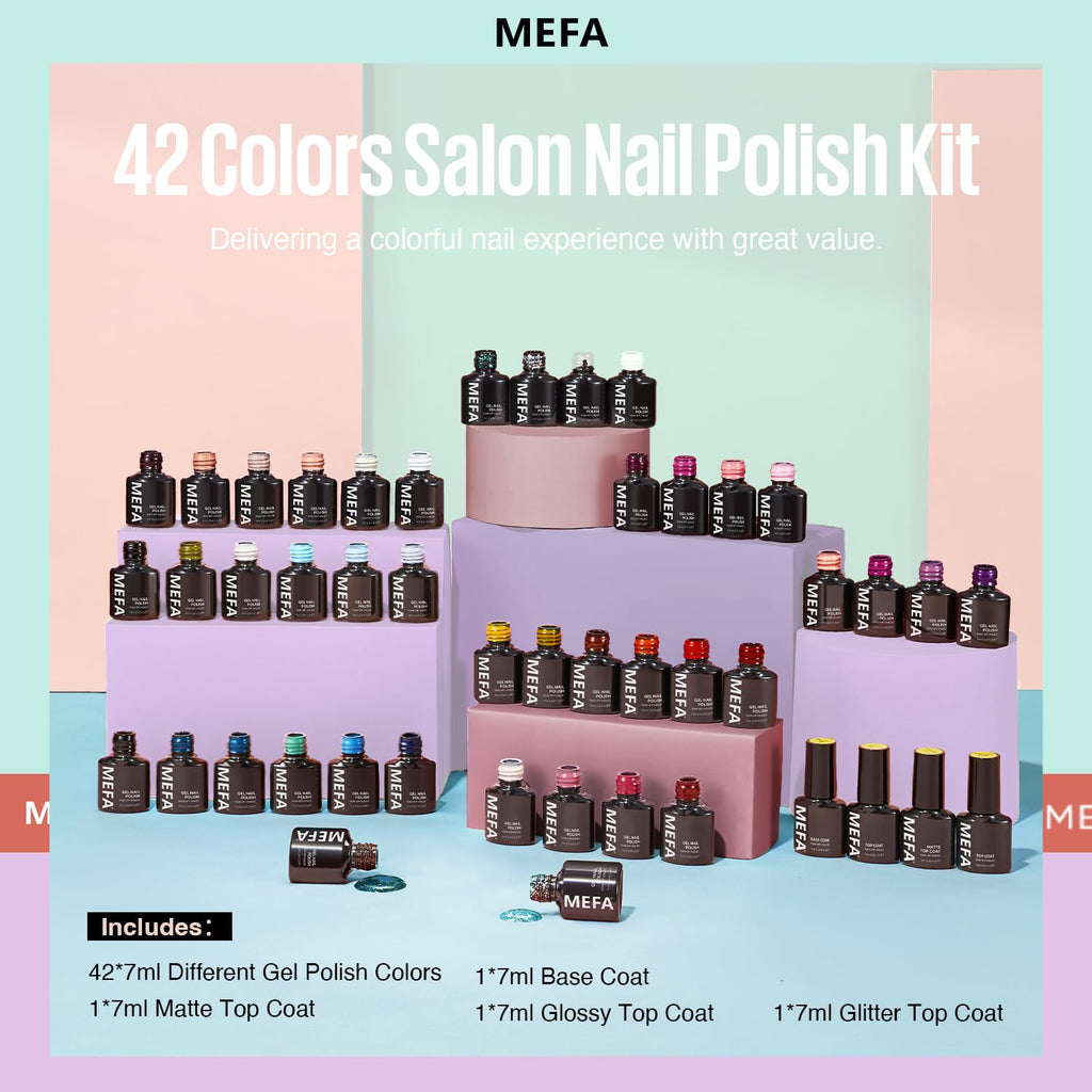 MEFA 47-Pcs Gel Nail Polish Kit — 42 Colors Plus Base Coat and Top Coats for DIY Manicure
