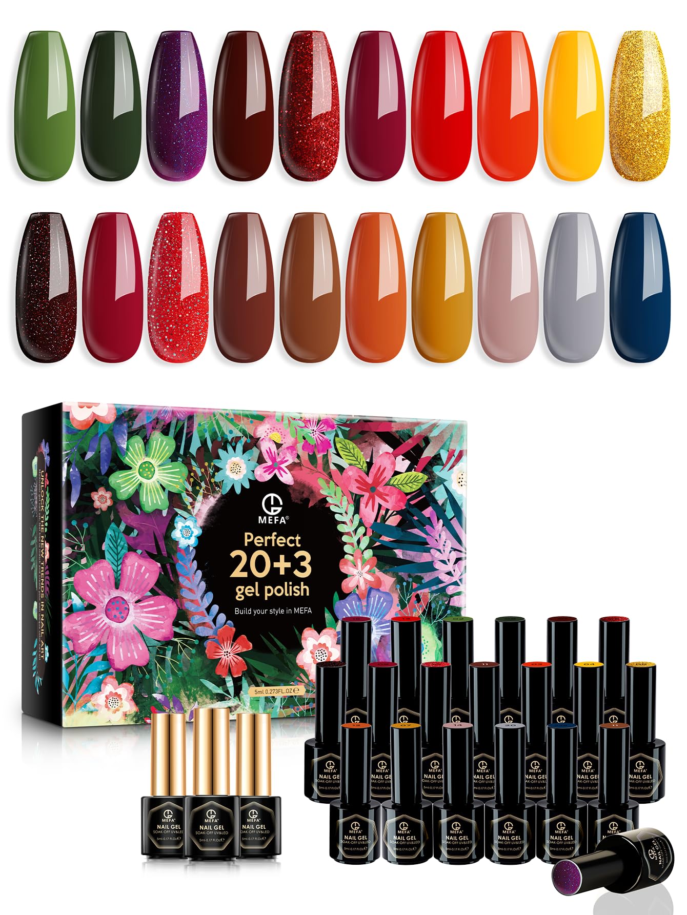 MEFA Fall Gel Nail Polish Set - 23 Pcs, 20 Colors Autumn/Halloween Kit