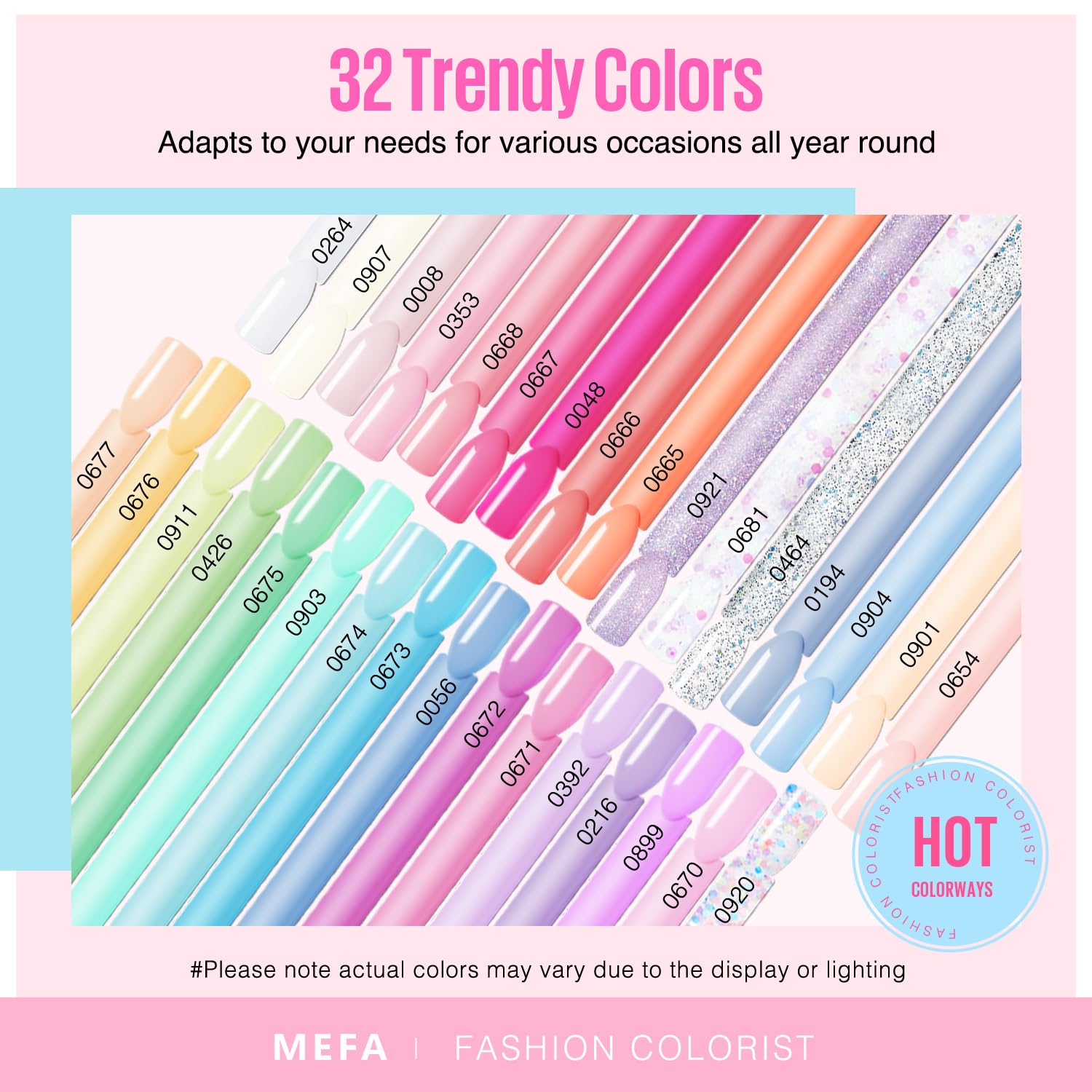 MEFA 32 Colors Gel Nail Polish Kit with 48W UV Lamp — Spring Pastel & Glitter Gel Nail Set