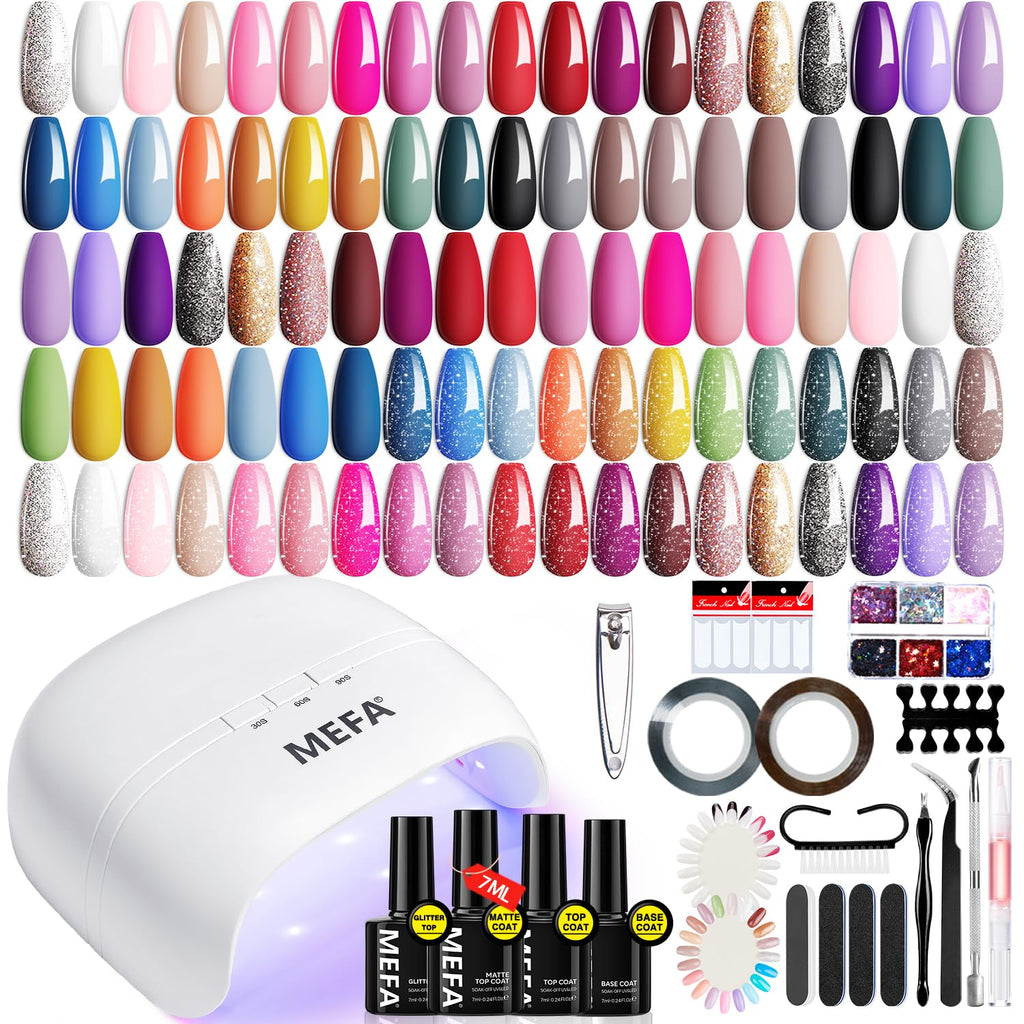MEFA Gel Nail Polish Kit with UV Light – 32 Colors, 60-Piece Set for At-Home Manicures