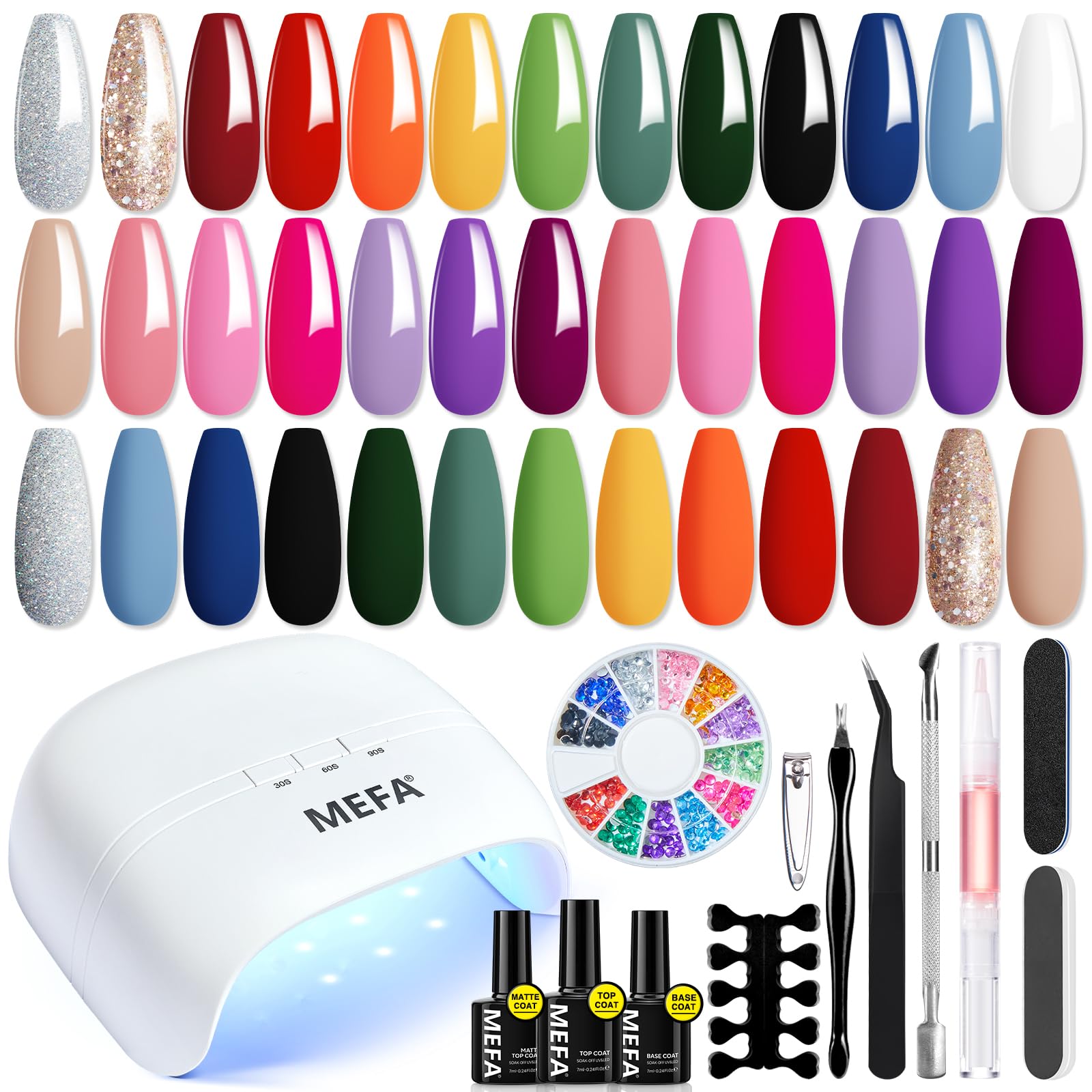 MEFA 34-Pcs Gel Nail Polish Kit with 48W UV Lamp – 20 Colors, Base & Top Coats, DIY Nail Art at Home