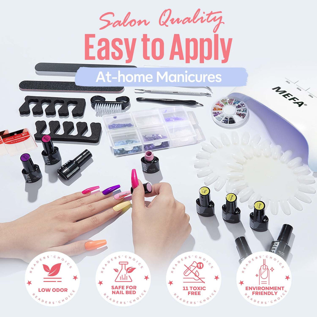 MEFA 60 Pcs Gel Nail Polish Kit with 72W UV LED Lamp – 32 Colors Home Manicure Set