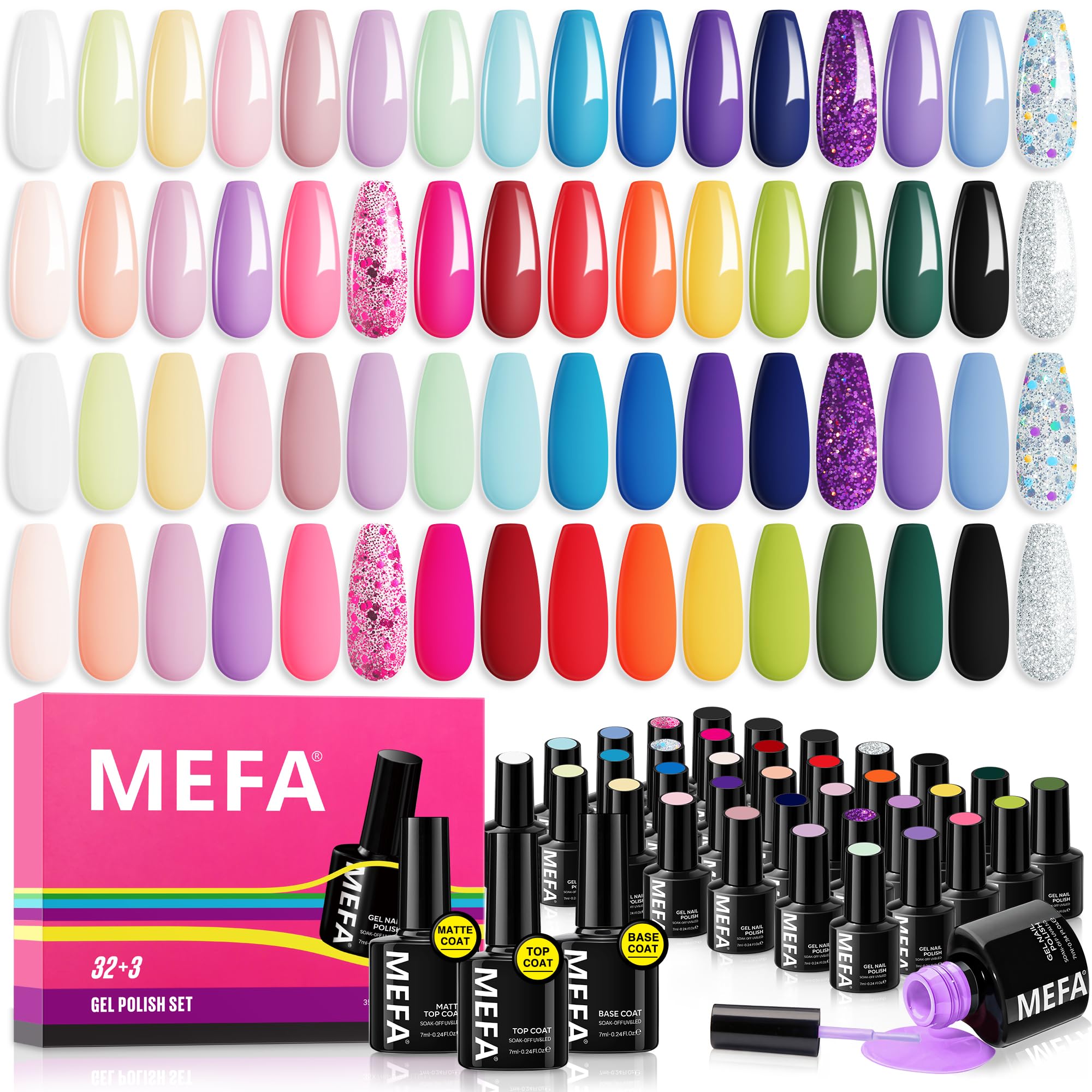 MEFA Neon Gel Nail Polish Set – 32 Colors with Matte/Glossy Base & Top Coat