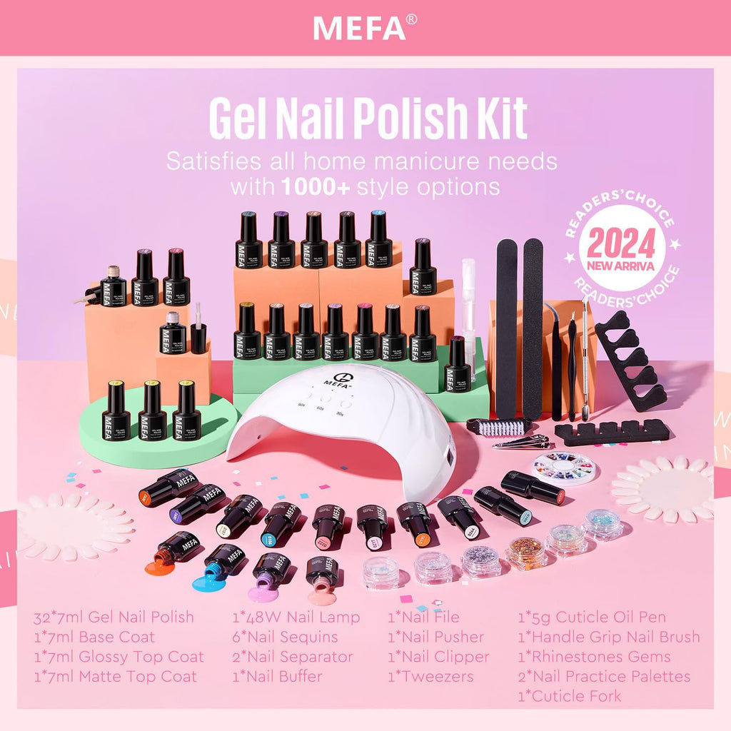 MEFA 32 Colors Gel Nail Polish Kit with UV Light – 54 Pcs Nude Pink Starter Set